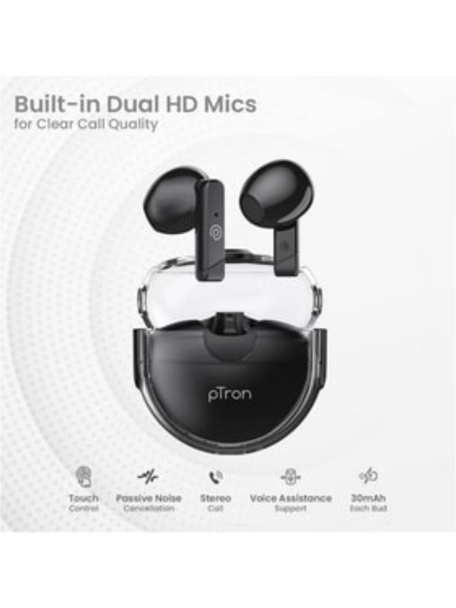 PTron Bassbuds Fute Wireless Bluetooth 5.1 Earbuds, 25 Hours Playtime, Type-C Charging (Black)