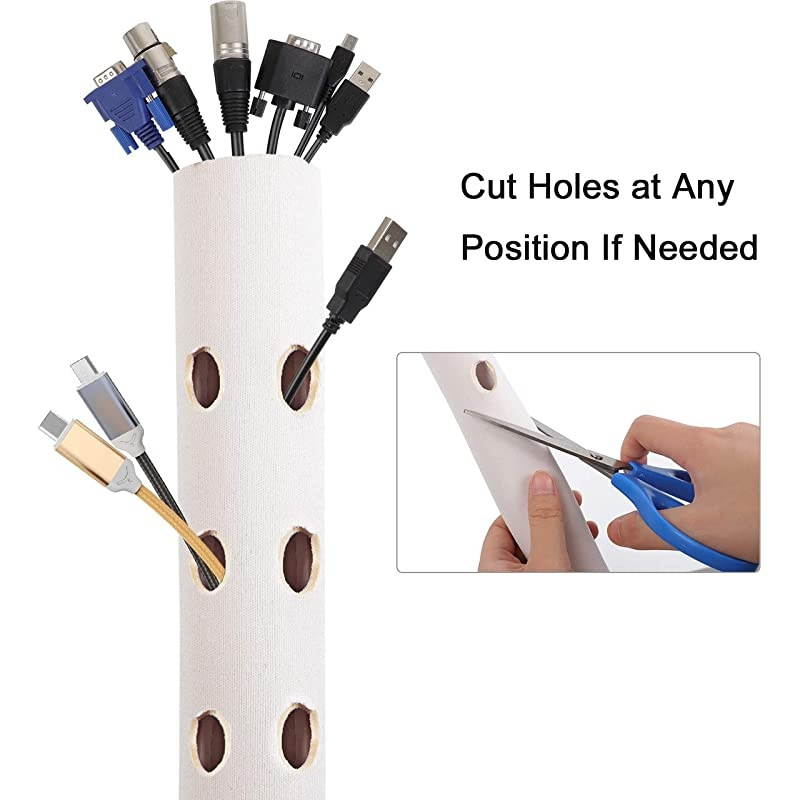 59 Inch Cable Management Sleeve Neoprene Cord Cover Cuttable Wire Hider Flexible Cord Organizers Wrap for Desk TV Computer Home Theater White