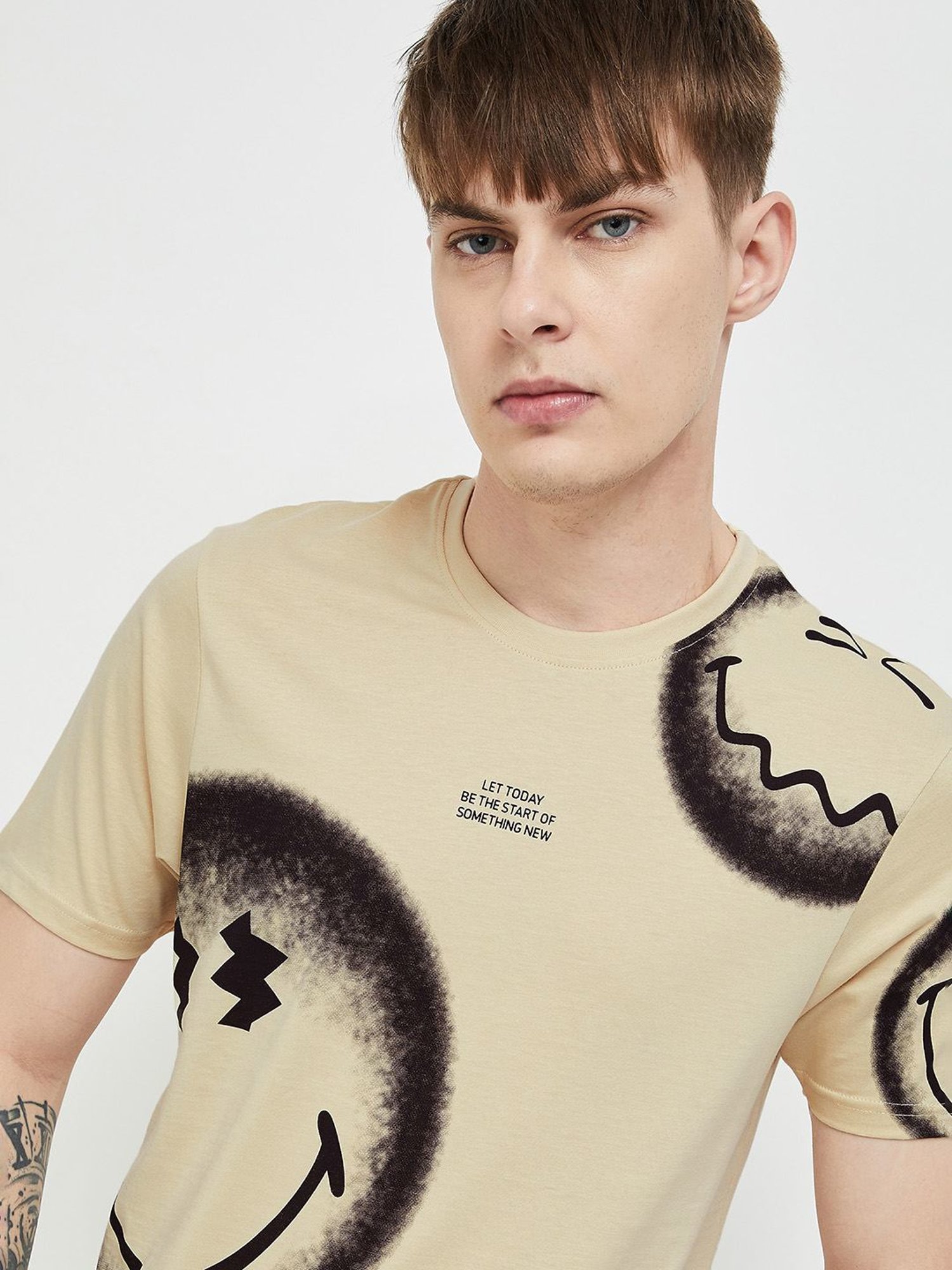 Smileyworld Beige Cotton Regular Fit Printed T-Shirt