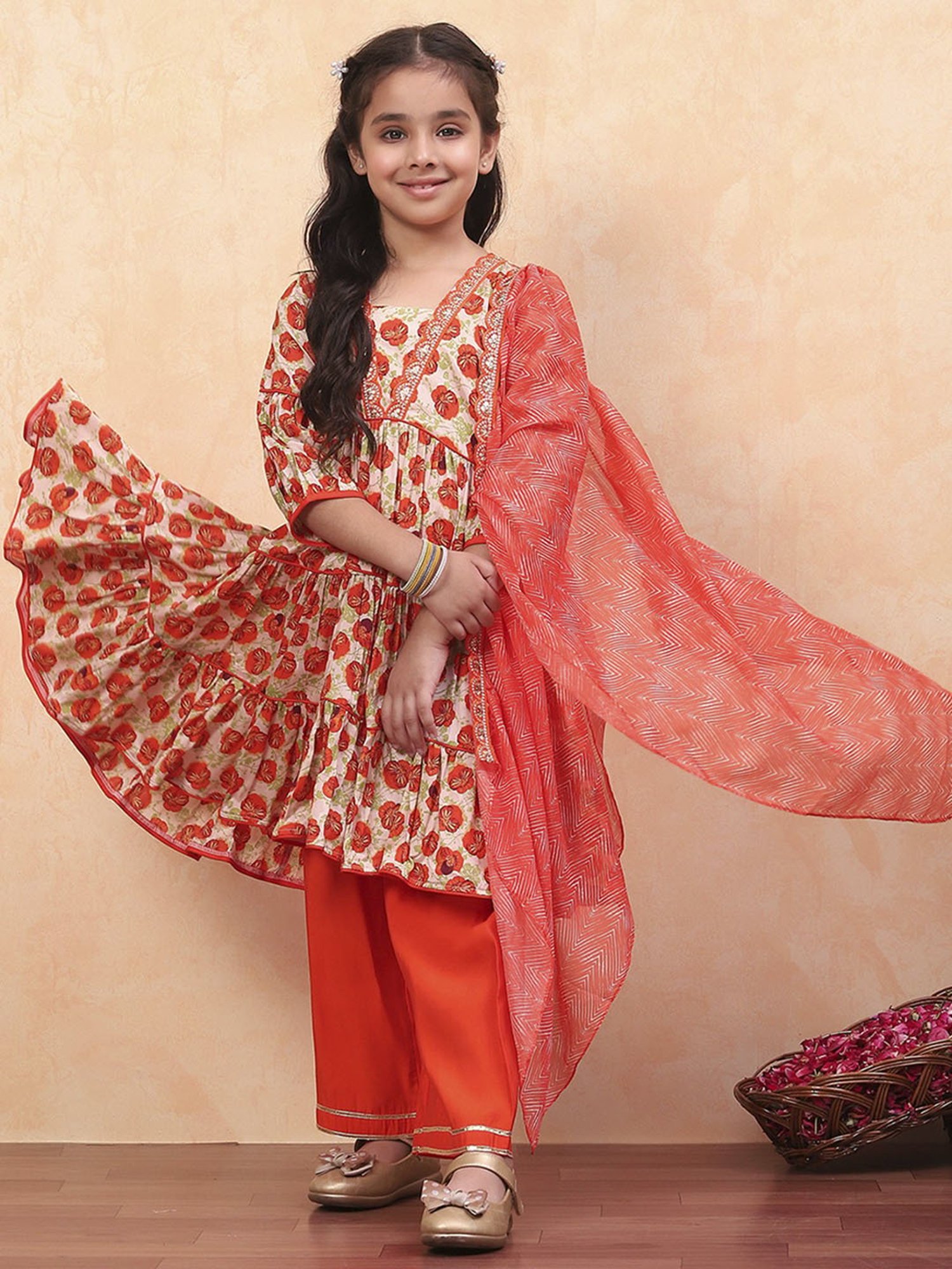 Biba Girls Orange Floral Print Suit Sets