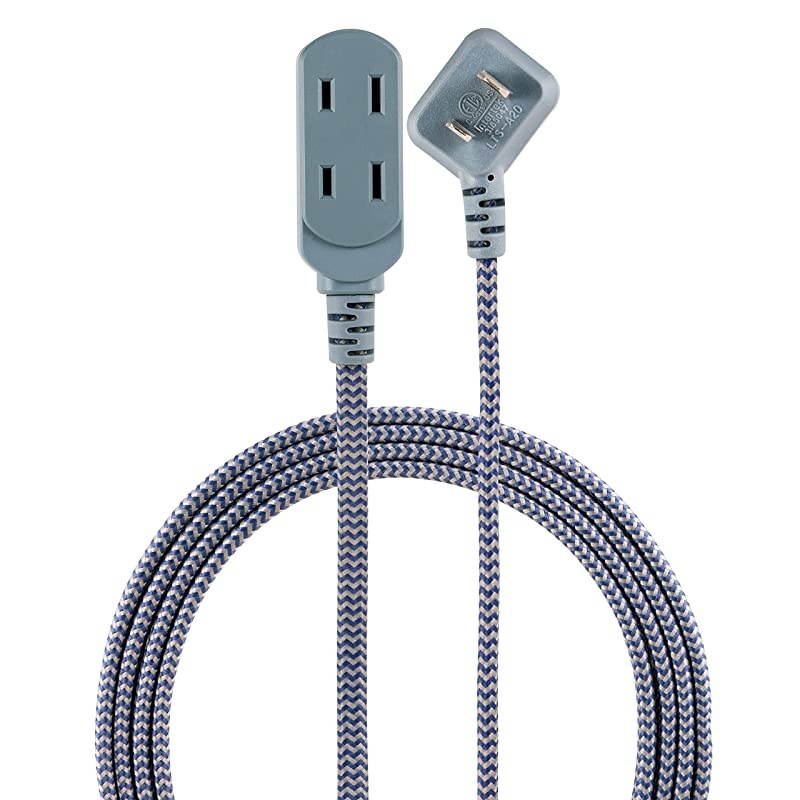 43434T1 NavyGray Designer 3 Extension 2 Prong Power Strip Extra Long 15 Ft Cable with Flat Plug Braided Chevron Fabric Cord SlidetoClose Safety Outlets 43434