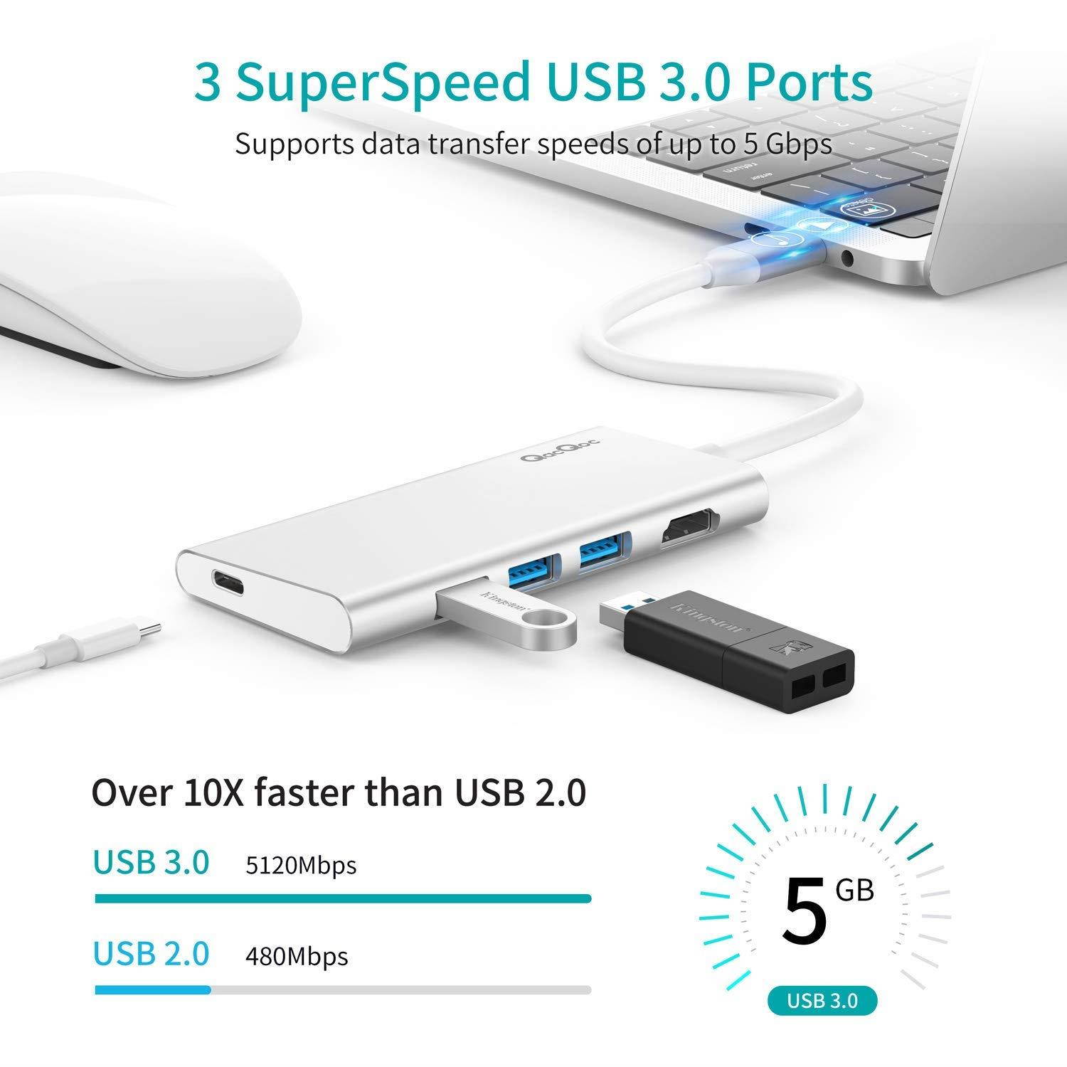 USB C Hub QacQoc 7-in-1 Type C Hub with PD Power Delivery, 4K USB C to HDMI, SD Card Reader, 3 USB 3.0 Ports for MacBook Pro and Type C Windows Laptops(Silver)