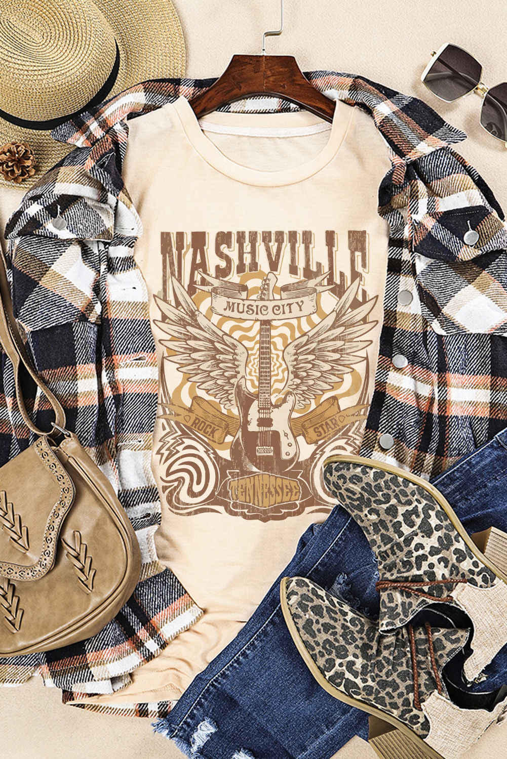 Khaki Band Tee Casual Short Sleeve Crew Neck Graphic T Shirt