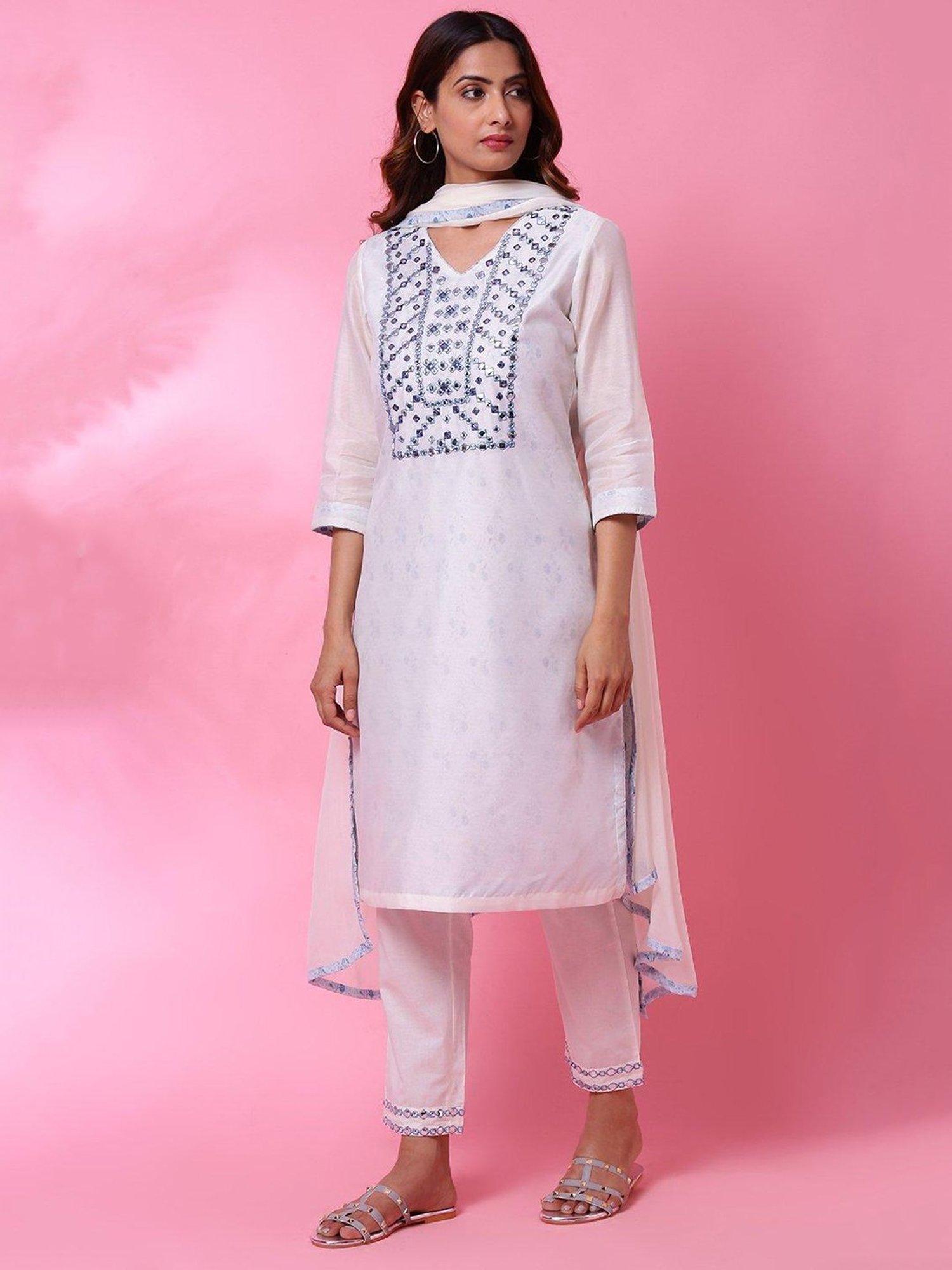 Biba Off White Embellished Kurta With Pant & Dupatta