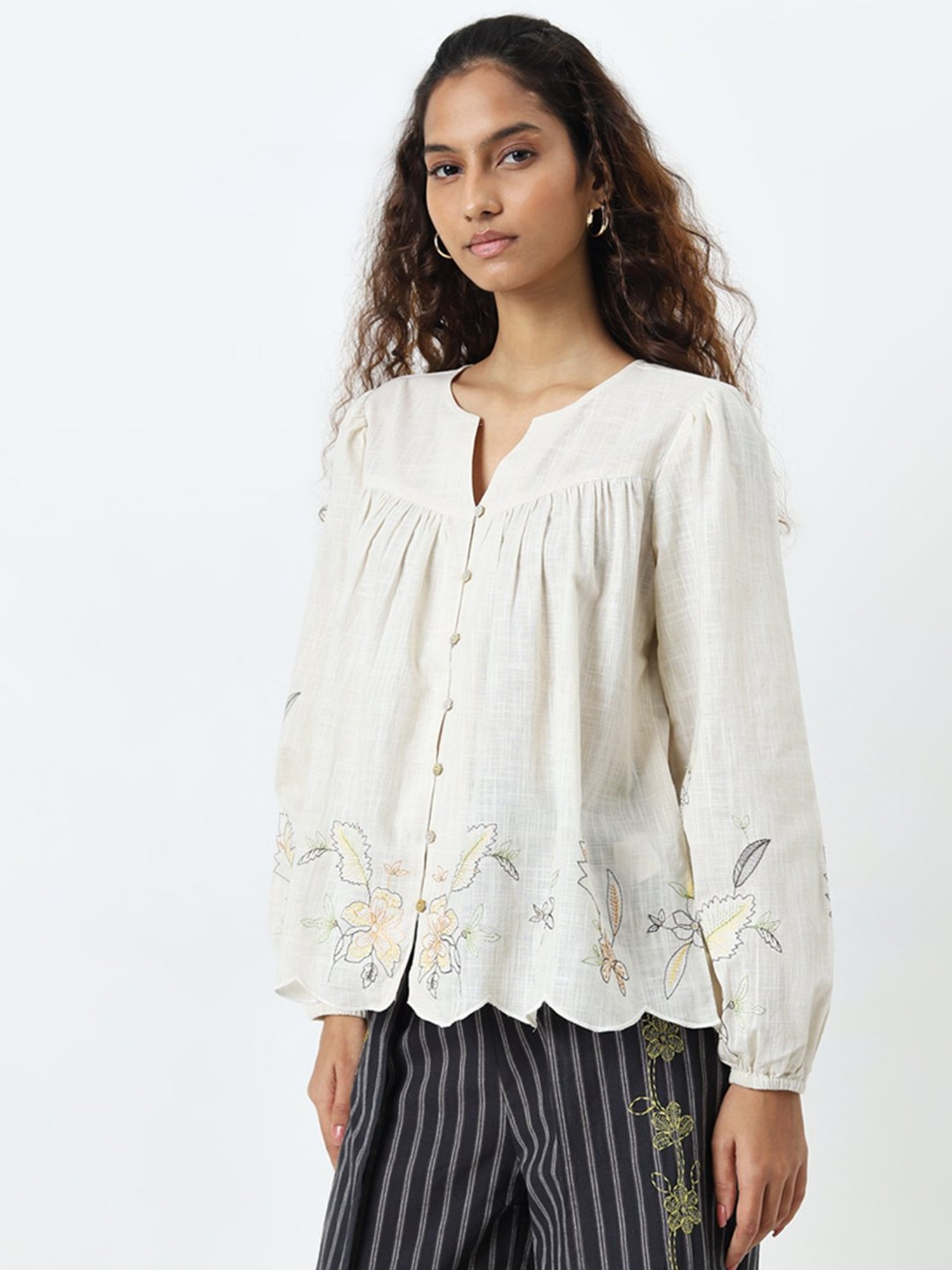 Bombay Paisley by Westside Off-White Floral Embroidered Cotton Blouse
