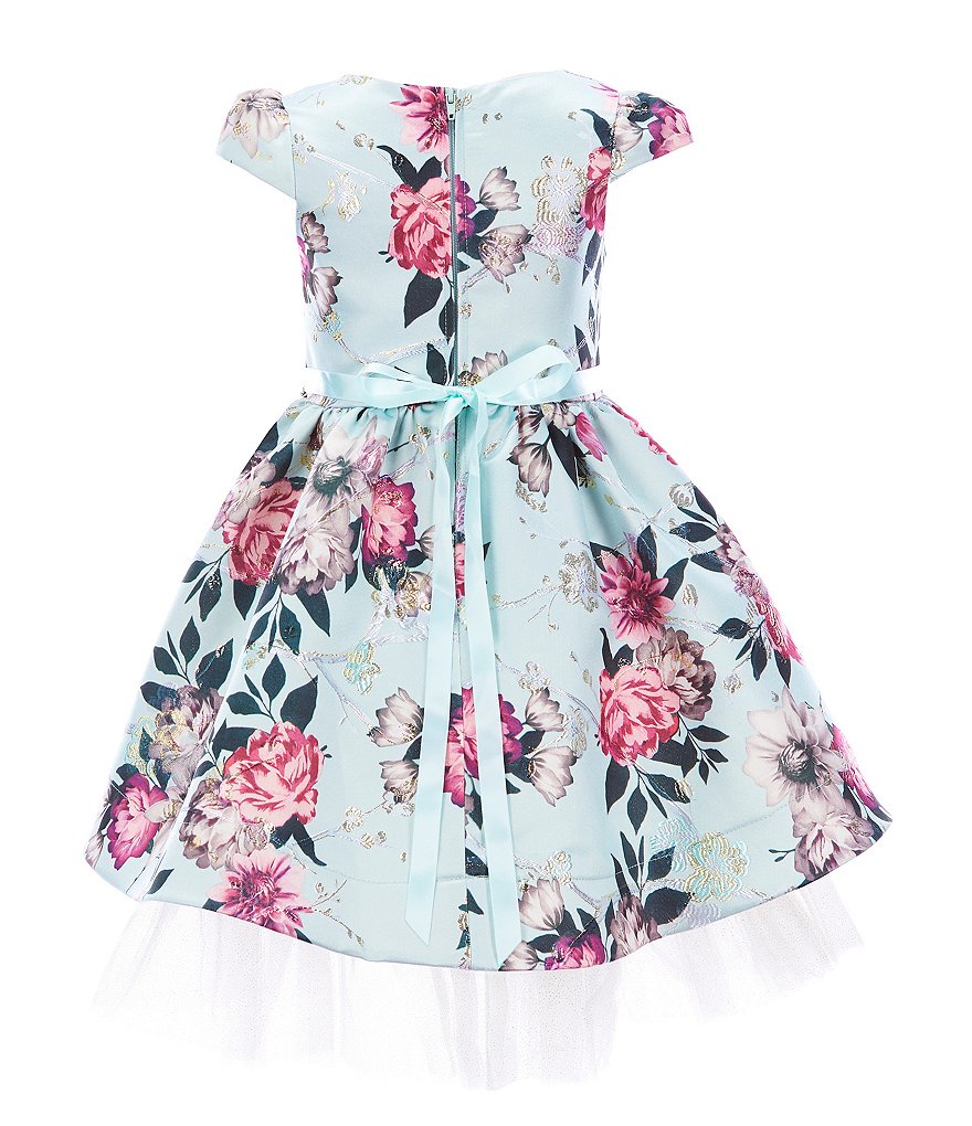 Rare Editions Little Girls 2T-6X Bow-Waist Satin/Jacquard-Stripe Hi-Low Ballgown