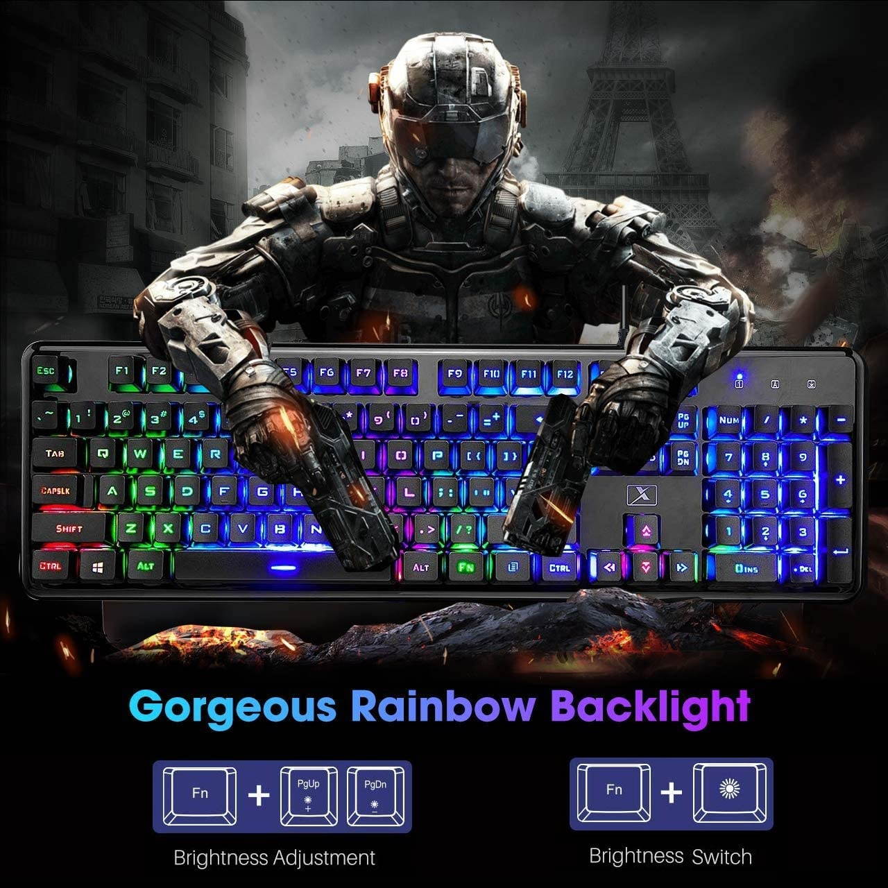 Mechanical Feeling Gaming Keyboard and Mouse Mousepad Combo,104 Keys Rainbow Backlit Gamer Keyboard and Mice Set,10 Color RGB Large Mice pad 2400DPI 7 Button La Souris for PC Laptop Mac (Black)
