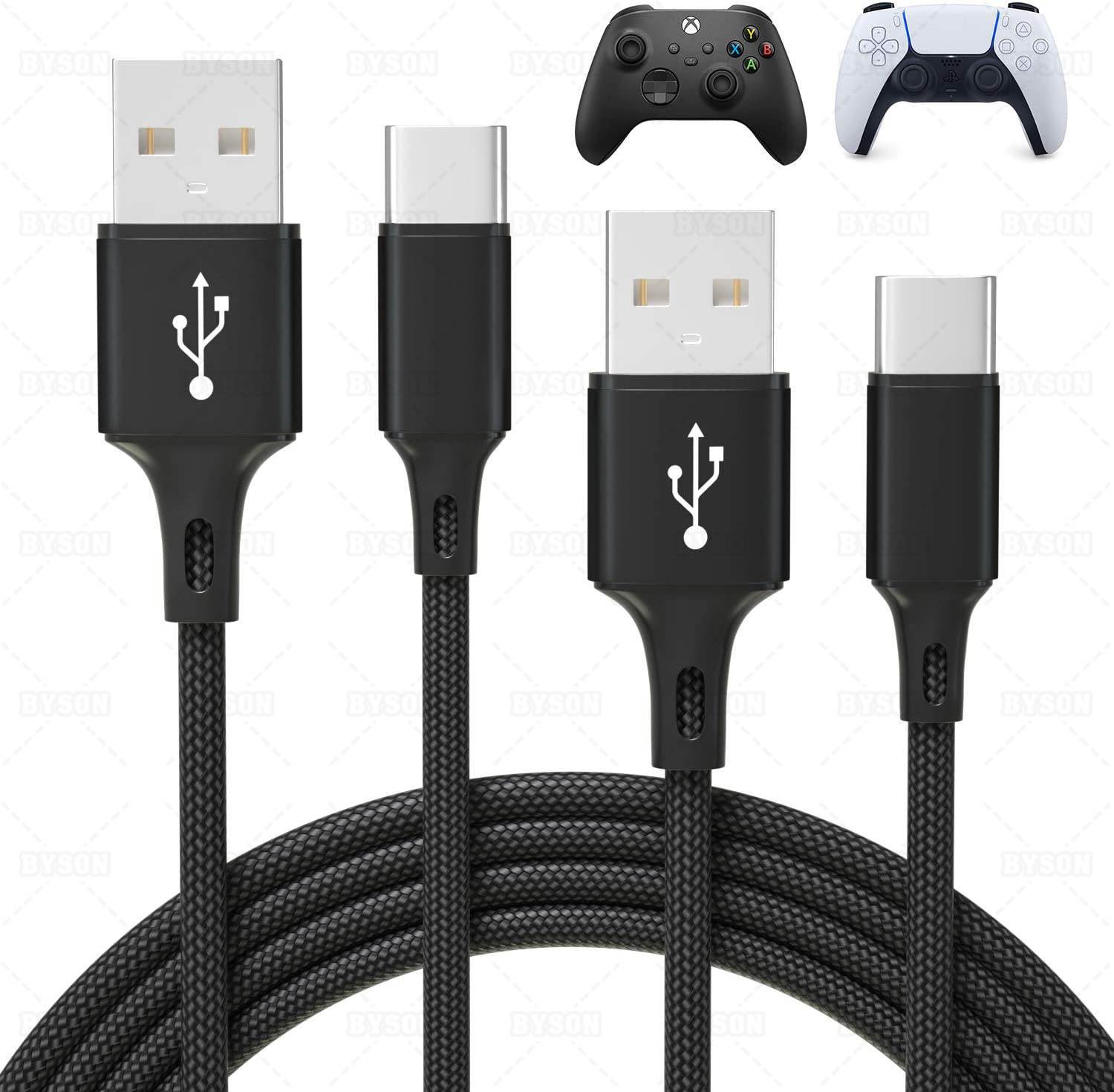 2 Pack 10FT Charging Cable for PS5 DualSense and Xbox Series X/S / Switch Pro Controller, Ackmioxy Charging Cord Nylon Braided Type-C Port Charger Accessories for Playstation 5/ Xbox Series S/X(Gold)