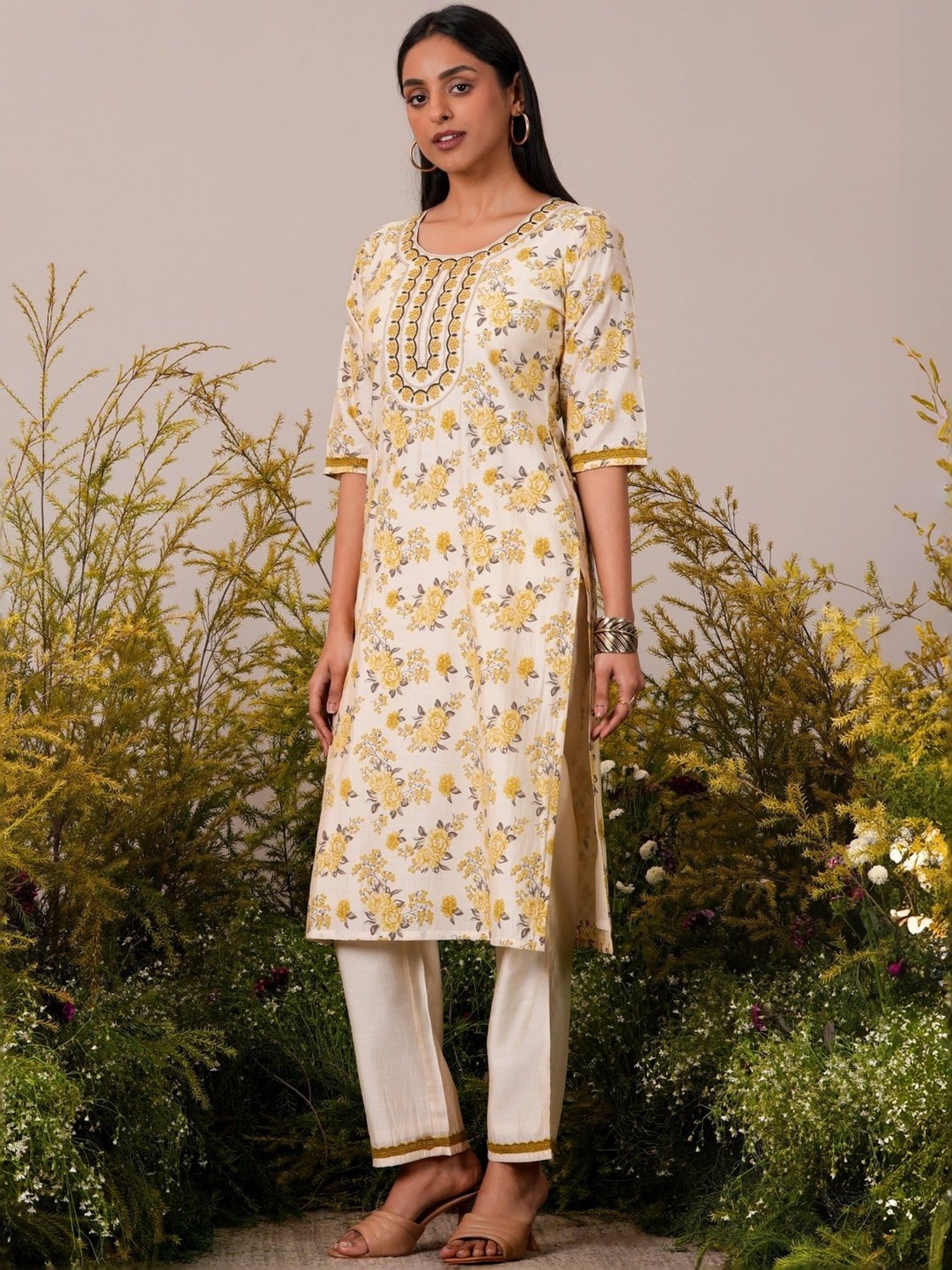 Libas Beige Printed Kurta Palazzo Set
