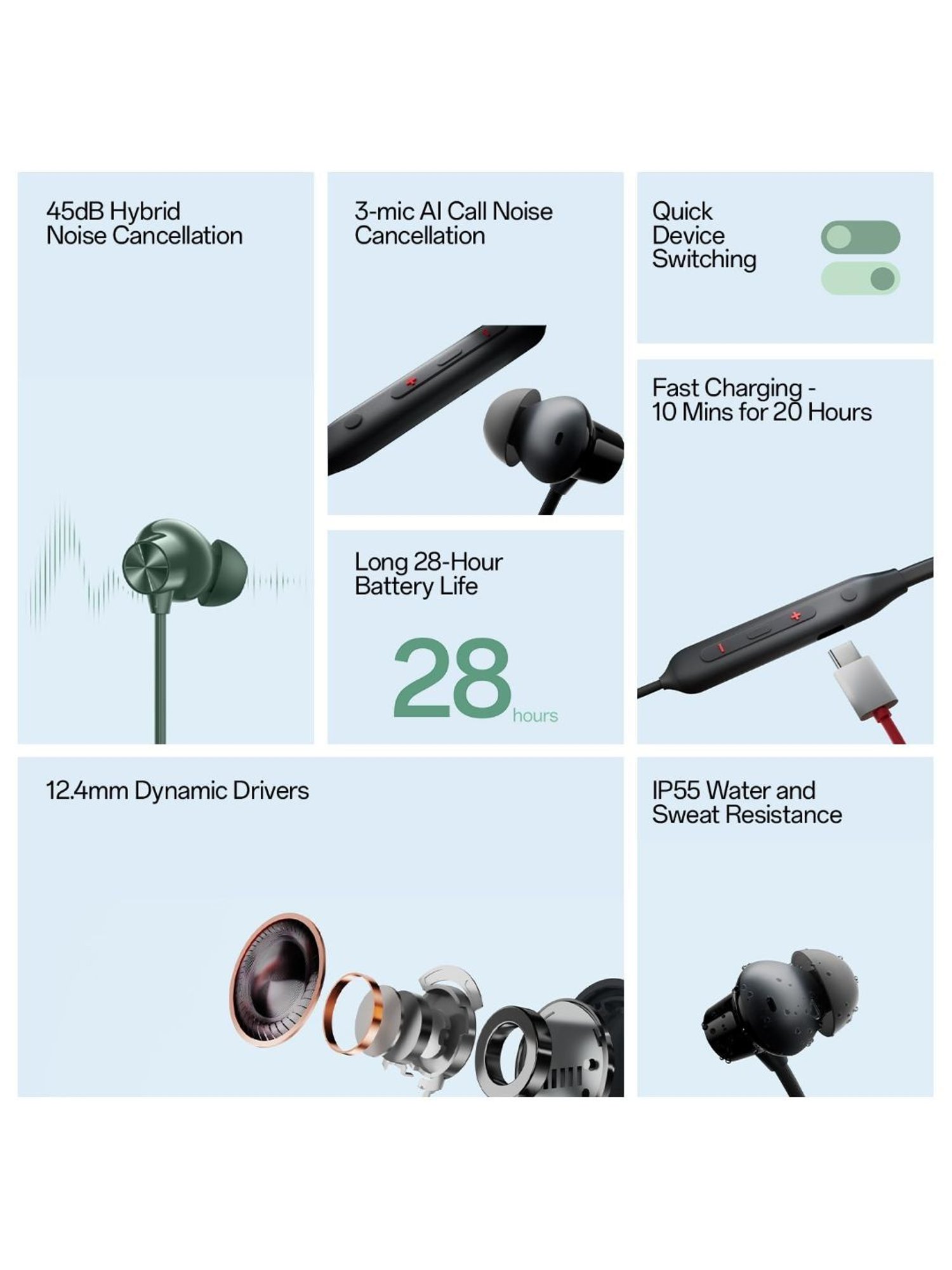 OnePlus Bullets Wireless Z2 ANC Bluetooth in Ear Neckband with Mic, 45dB Hybrid ANC (Grand Green)