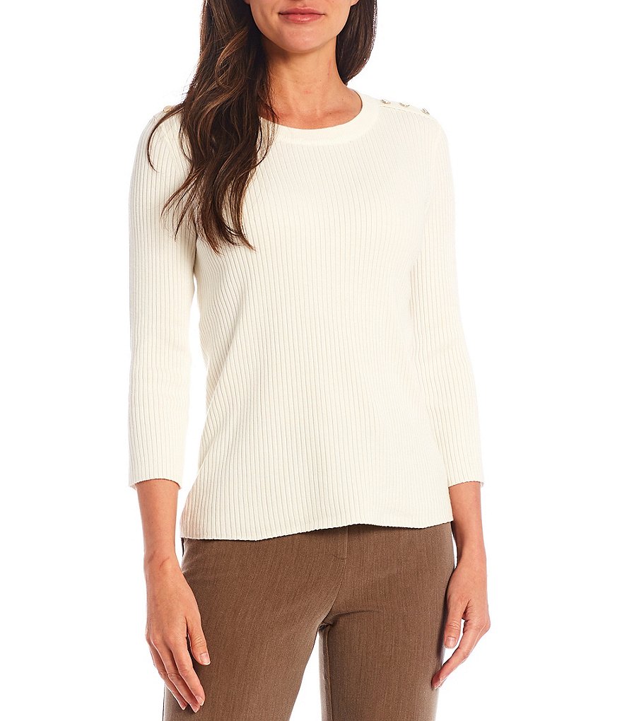 Investments Petite Size Jewel Neck 3/4 Sleeve Ribbed Sweater