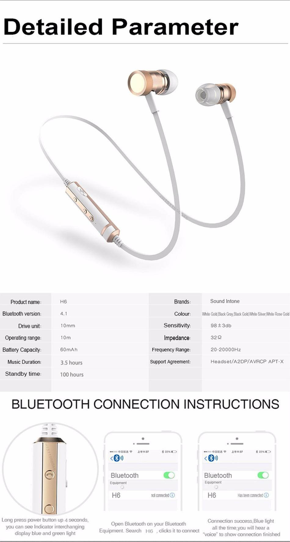 Sound Intone H6 Wireless Bluetooth Sport Earphone Headset with Mic - White Gold - Black gold