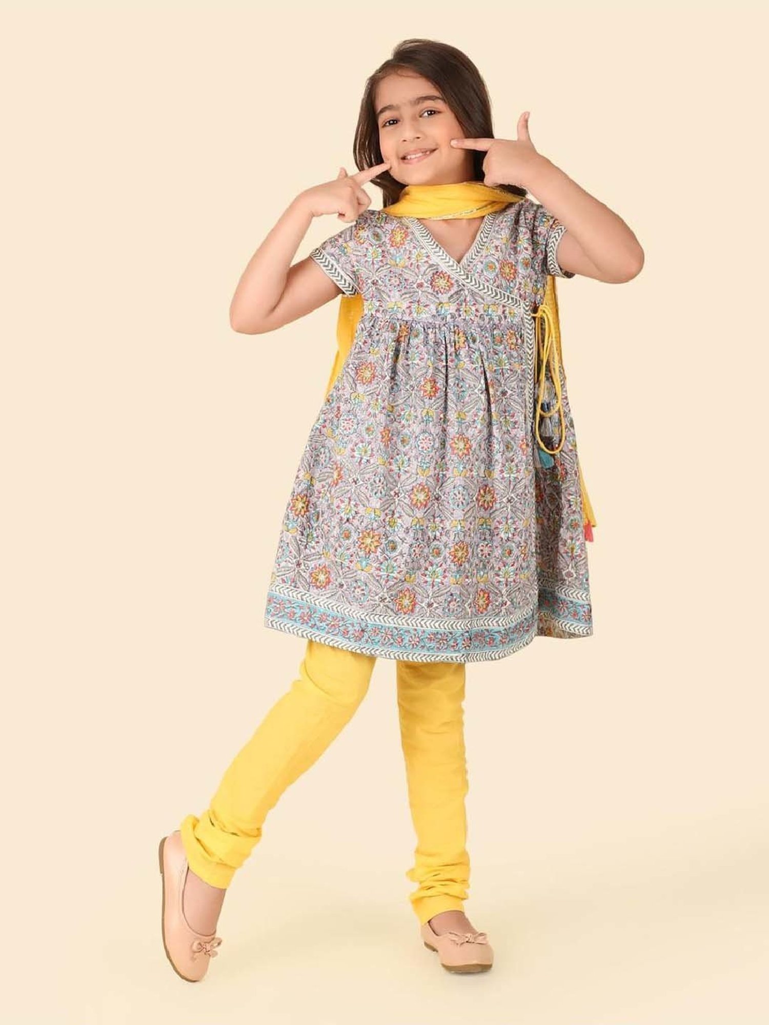 Fabindia Kids Grey & Yellow Cotton Printed Kurta Churidar Set