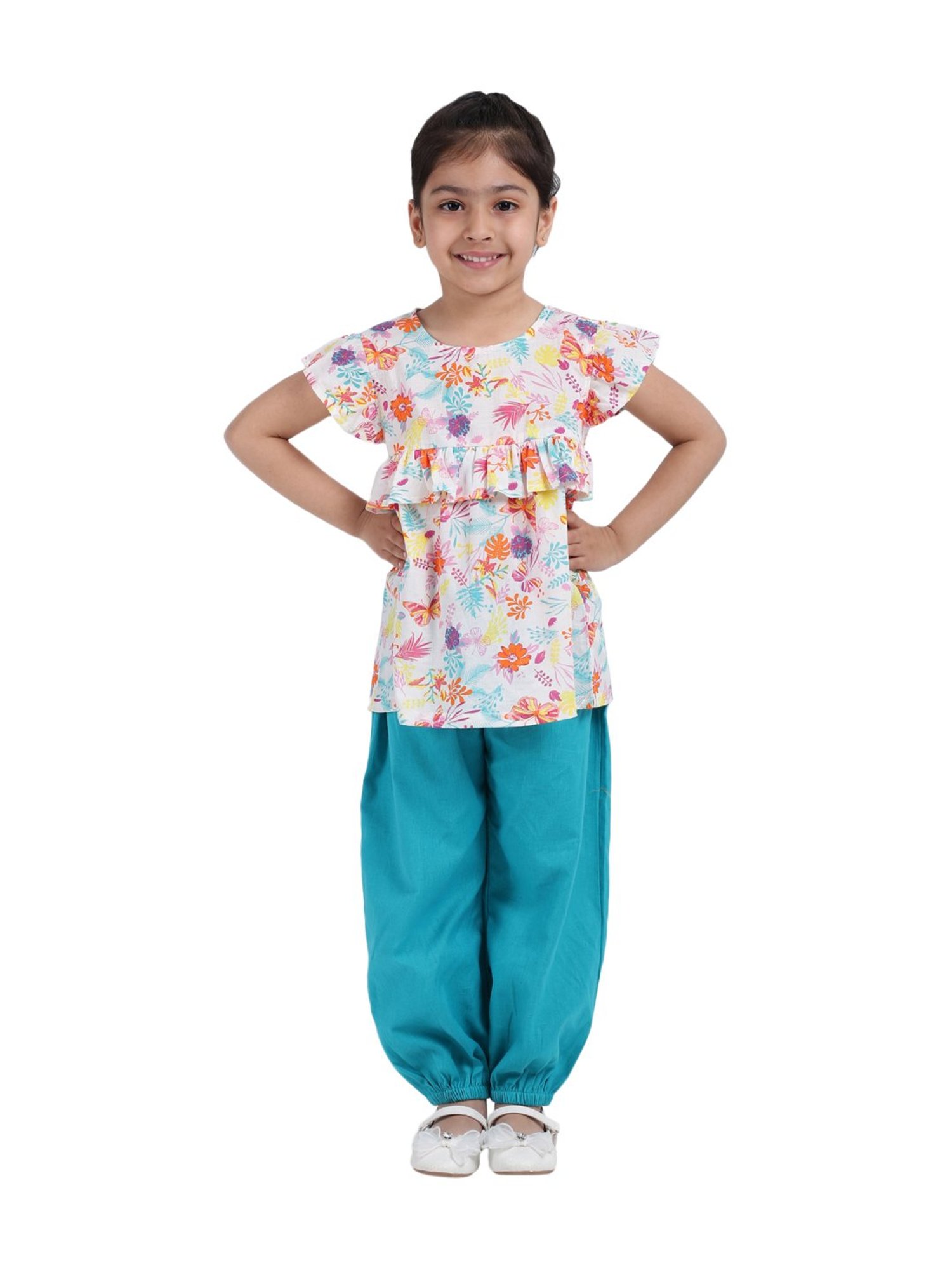 BownBee Kids Blue & White Cotton Floral Print Kurta & Harem Pants