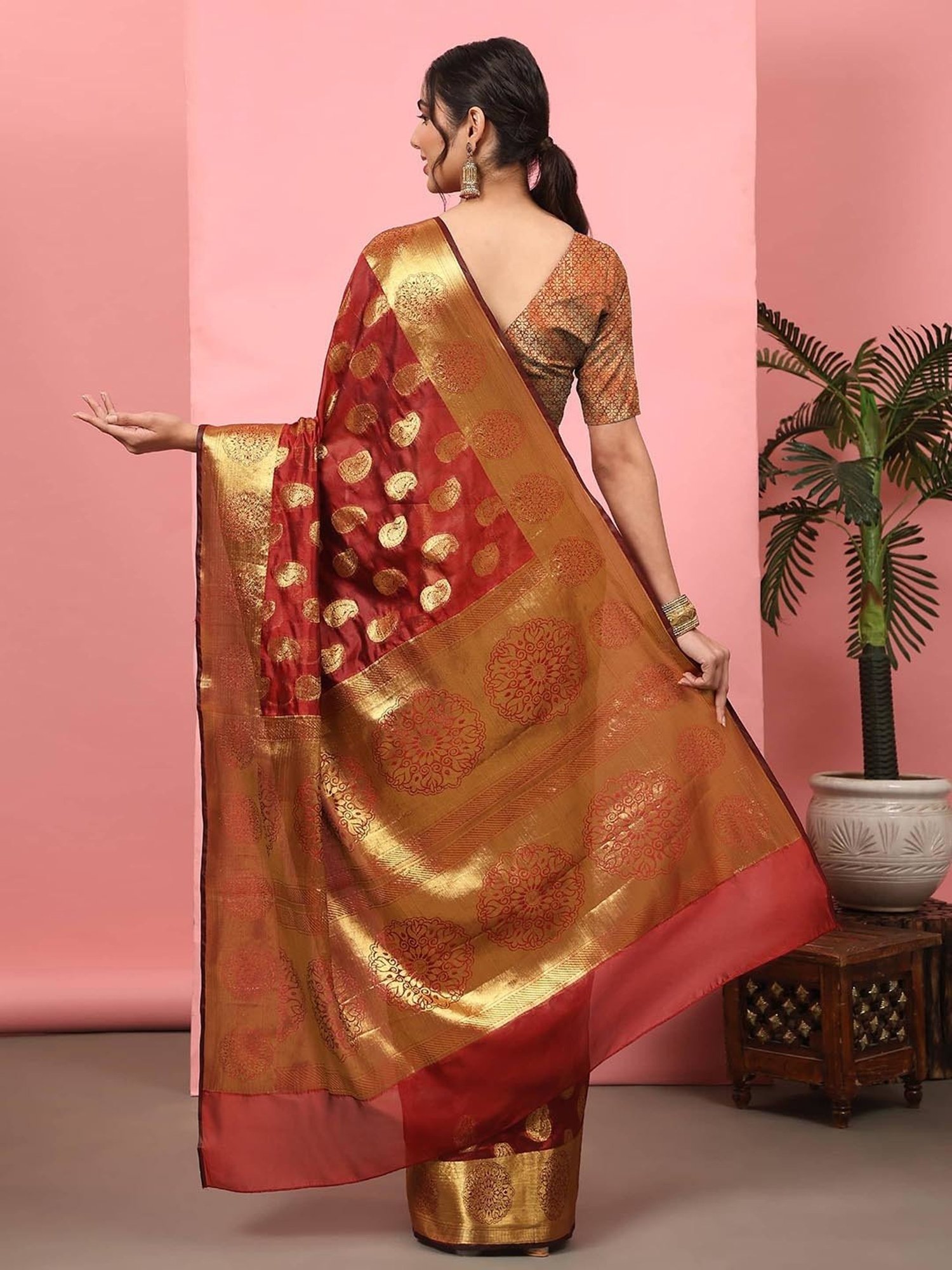 Silk Land Banarasi Silk Maroon Woven Saree With Blouse