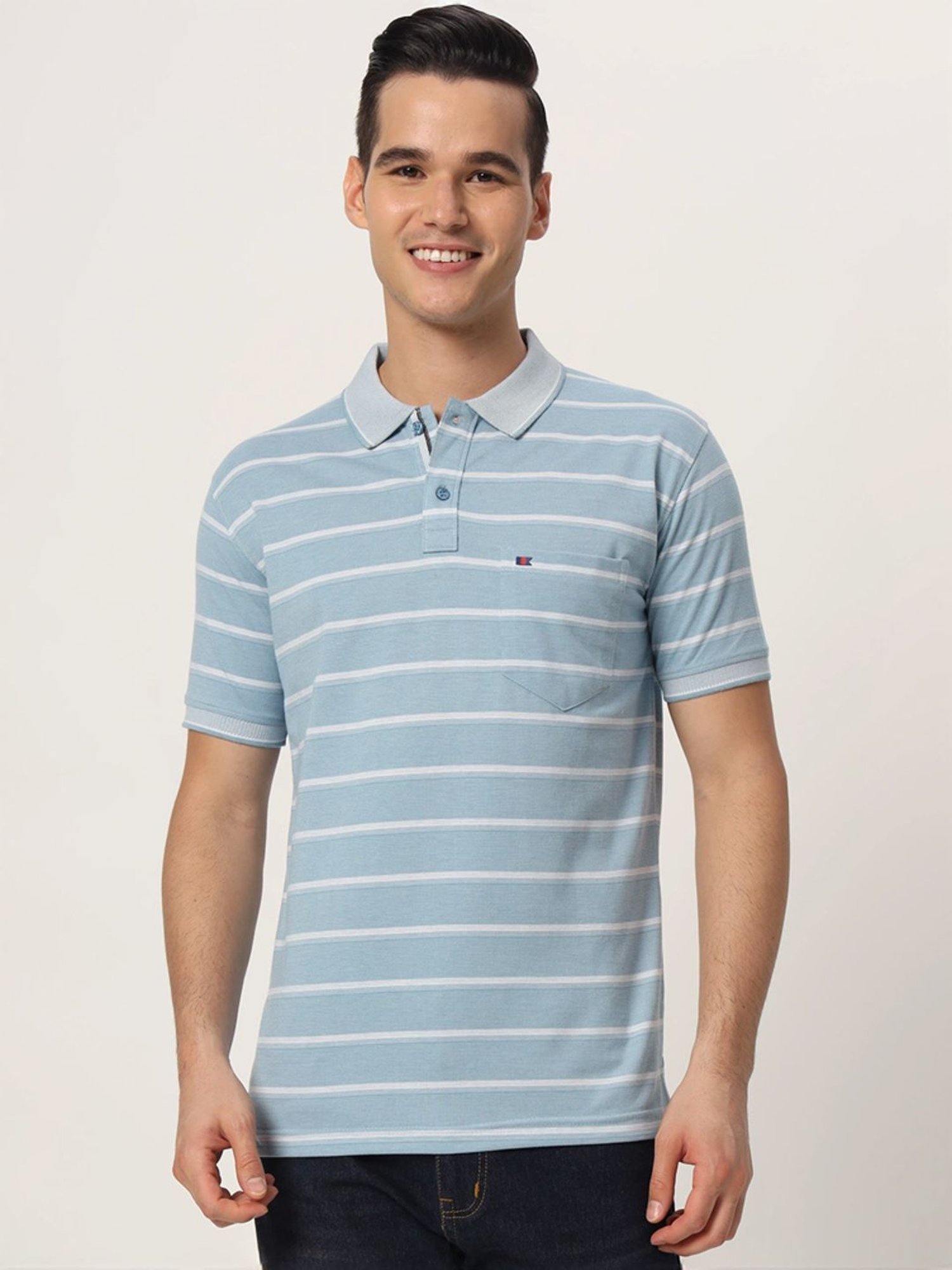 Tab91 Blue Regular Fit Striped Polo T-Shirts