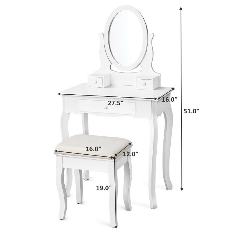 Costway White Vanity Table Jewelry Makeup Desk Bench Dresser Stool 3 Drawers