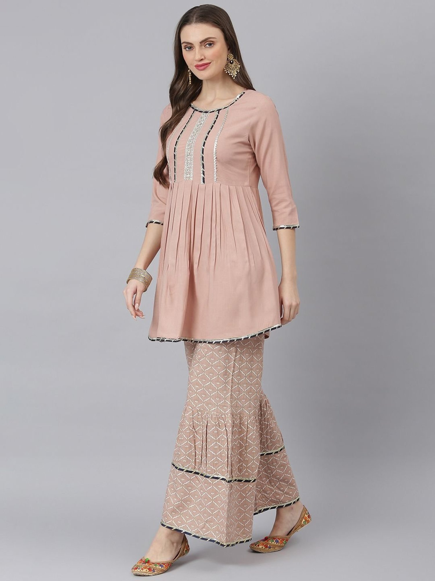 Stylum Beige Zari Work Kurti Sharara Set With Dupatta