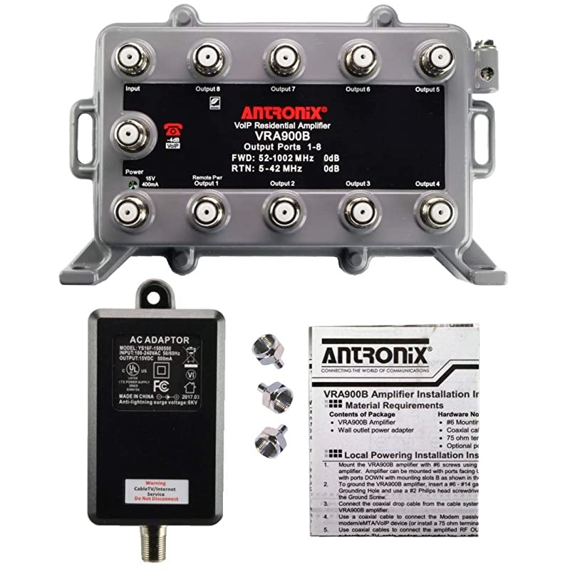 Port Bi-Directional Cable TV Splitter Signal Booster/Amplifier with Active Return Zero Signal Loss VoIP Telephone Bypass Port and F5Terminators Antronix VR00B/AC