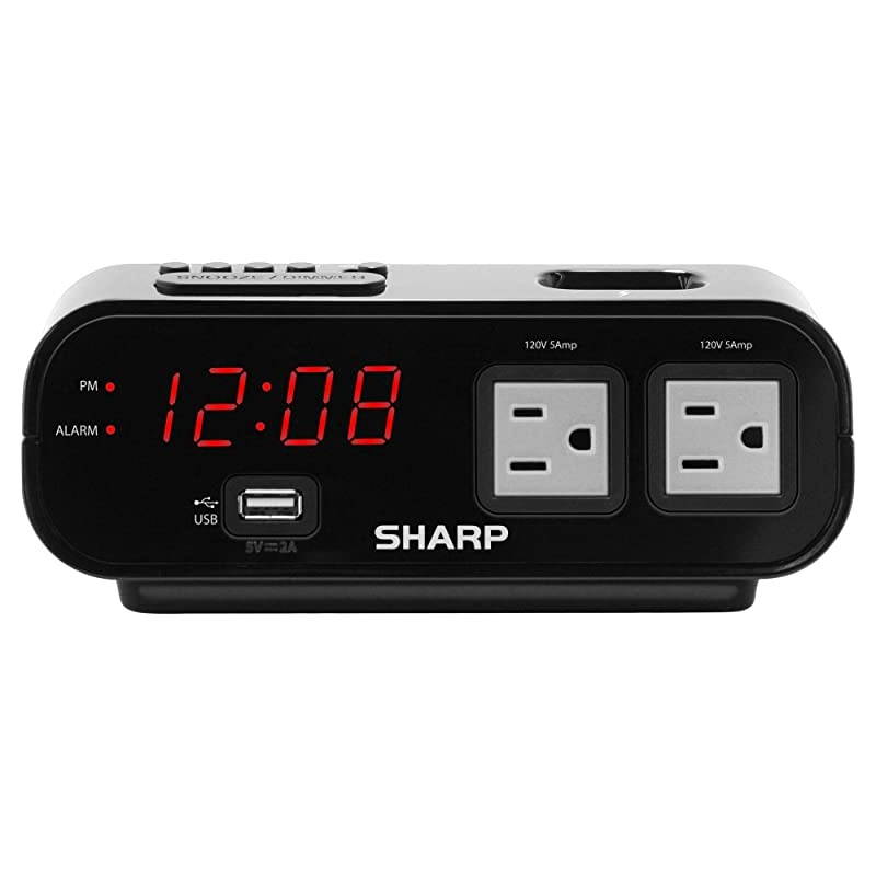 Digital Alarm Clock with 2X Power Outlets with Surge Protect and Rapid Charge USB Port Grey Outlets