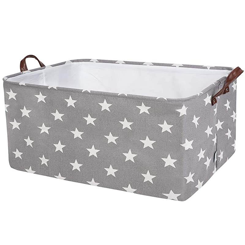 22Inches Thickened XLarge Storage Basket 22x15x13 Inches Drawstring Canvas Underbed Storage Square Cotton Linen Collapsible Toy Basket Grey Star XL
