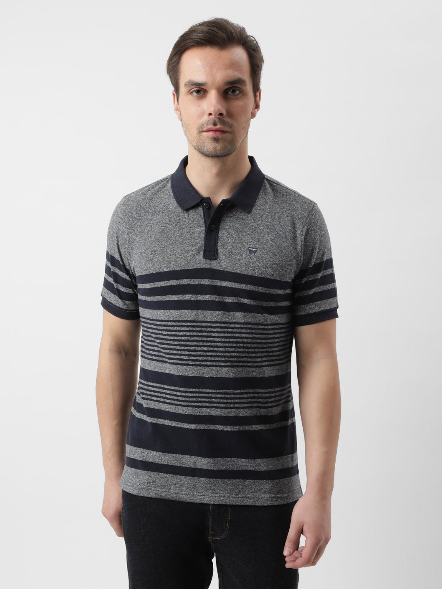 Wrangler Navy & Grey Regular Fit Striped Polo T-Shirt