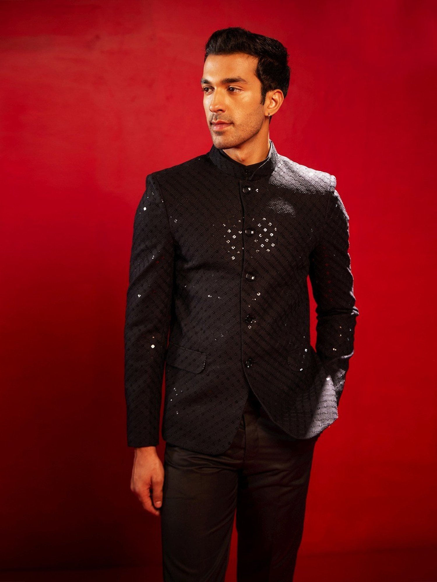 Vastramay Black Regular Fit Embellished Ethnic Blazer