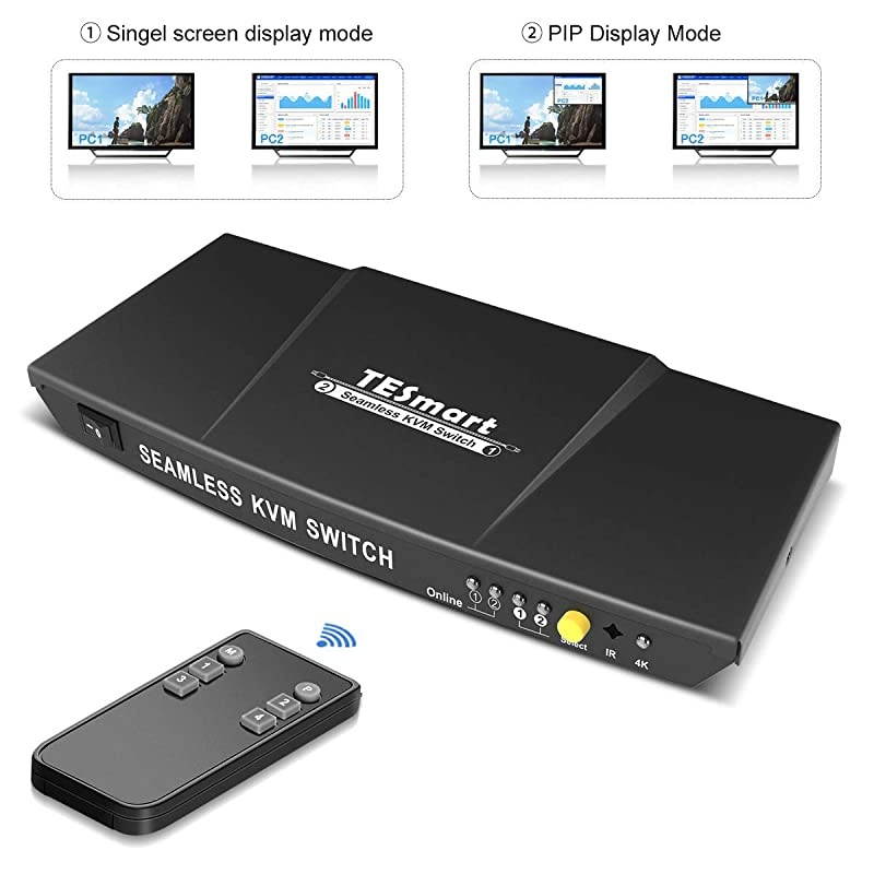 HDMI KVM Switch KVM Switch Box 4k30Hz with IR Remote 2 in 1 Out Supports USB 20 Hub and PIP for Present