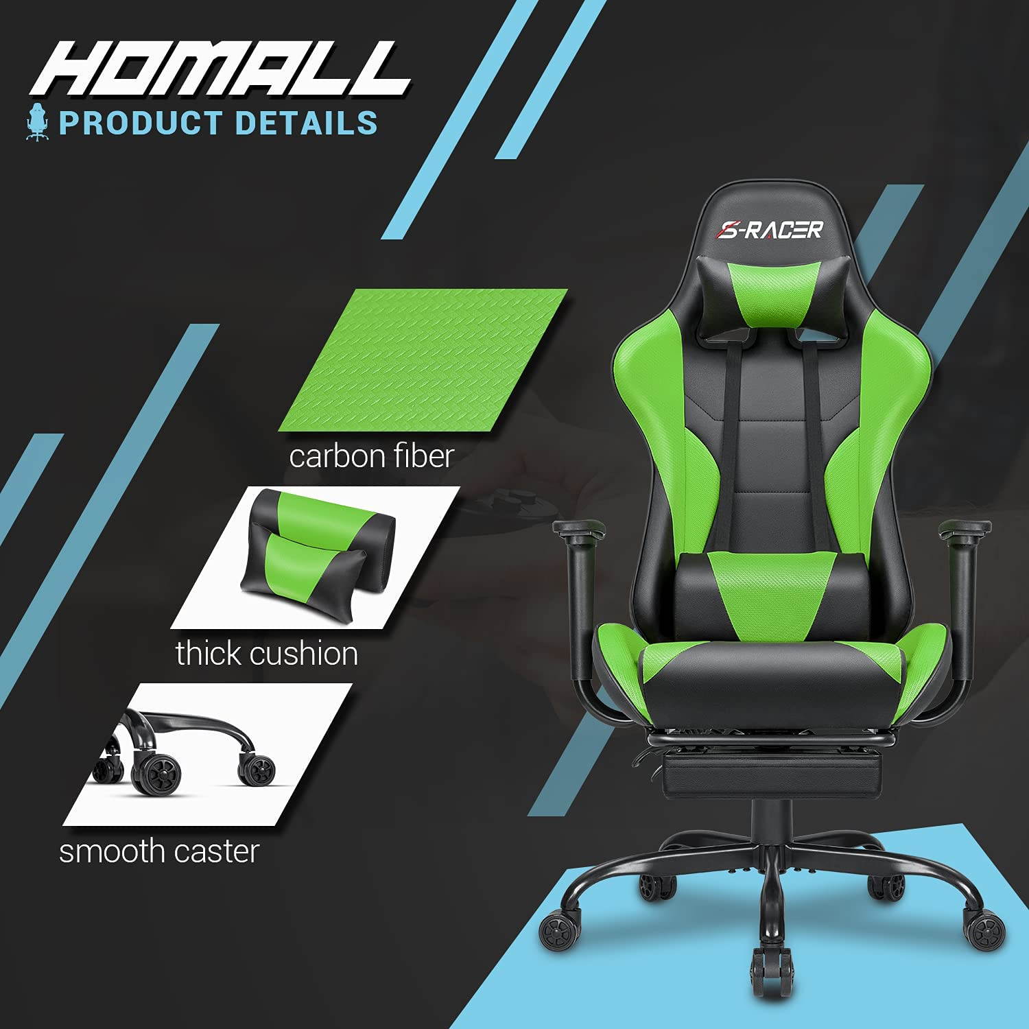 Homall Gaming Chair Computer Office Chair Ergonomic Desk Chair with Footrest Racing Executive Swivel Chair Adjustable Rolling Task Chair (Green)