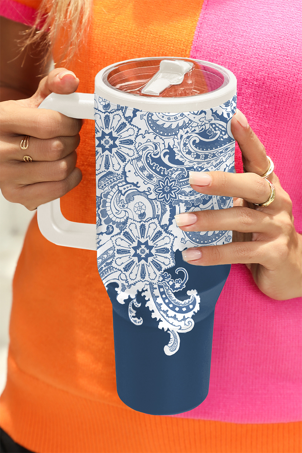 Pink Checkered Print Handled Stainless Steel Tumbler Cup