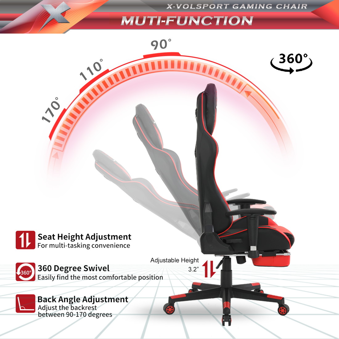 X-VOLSPORT Gaming Chair Office High Back Chair with Footrest, Racing Style PU Leather Ergonomic Computer Video Game Chair with Headrest and Lumbar Massage