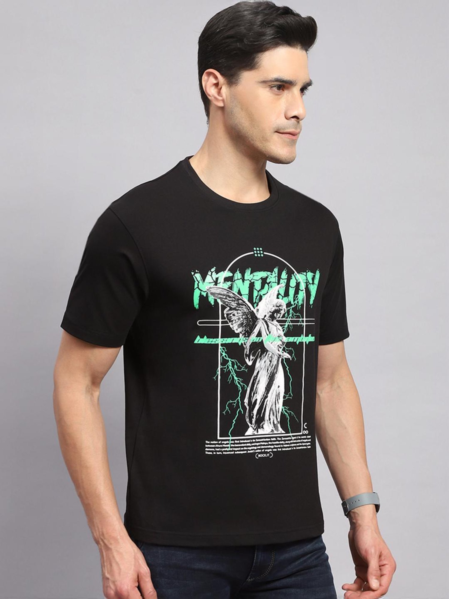 Rock.it Black Cotton Regular Fit Printed T-Shirt