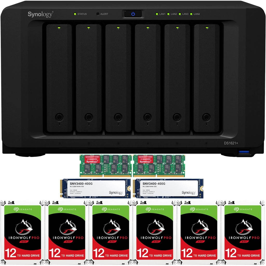 Synology DS1621+ DiskStation with 32GB RAM and 72TB (6 x 12TB) of Seagate Ironwolf PRO NAS Drives and 800GB (2x400GB) NVME Cache Fully Assembled and Tested By CustomTechSales