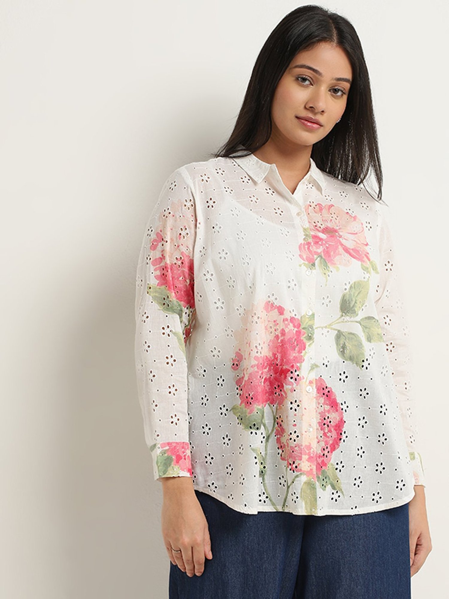 Diza by Westside Pink Floral Schiffli Design Straight Cotton Tunic