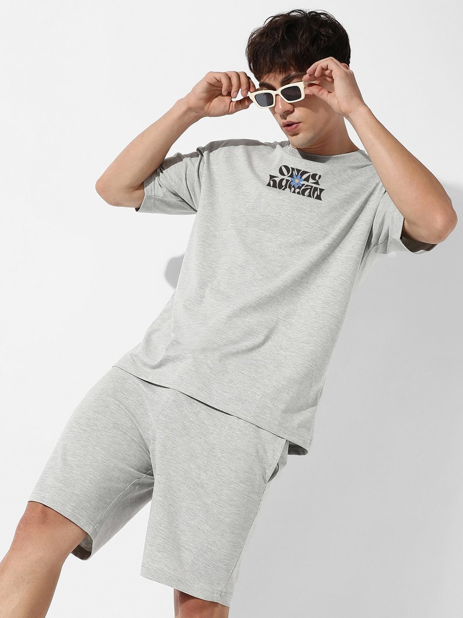 Campus Sutra Light Grey Regular Fit Oversized Only Human Printed Co-Ord Set
