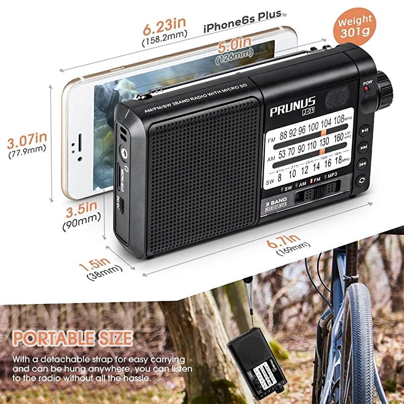 J01 Transistor Radio Battery Operated AM FM Radio Excellent Reception 2200mAh Rechargeable Battery TF Card MP3 Player