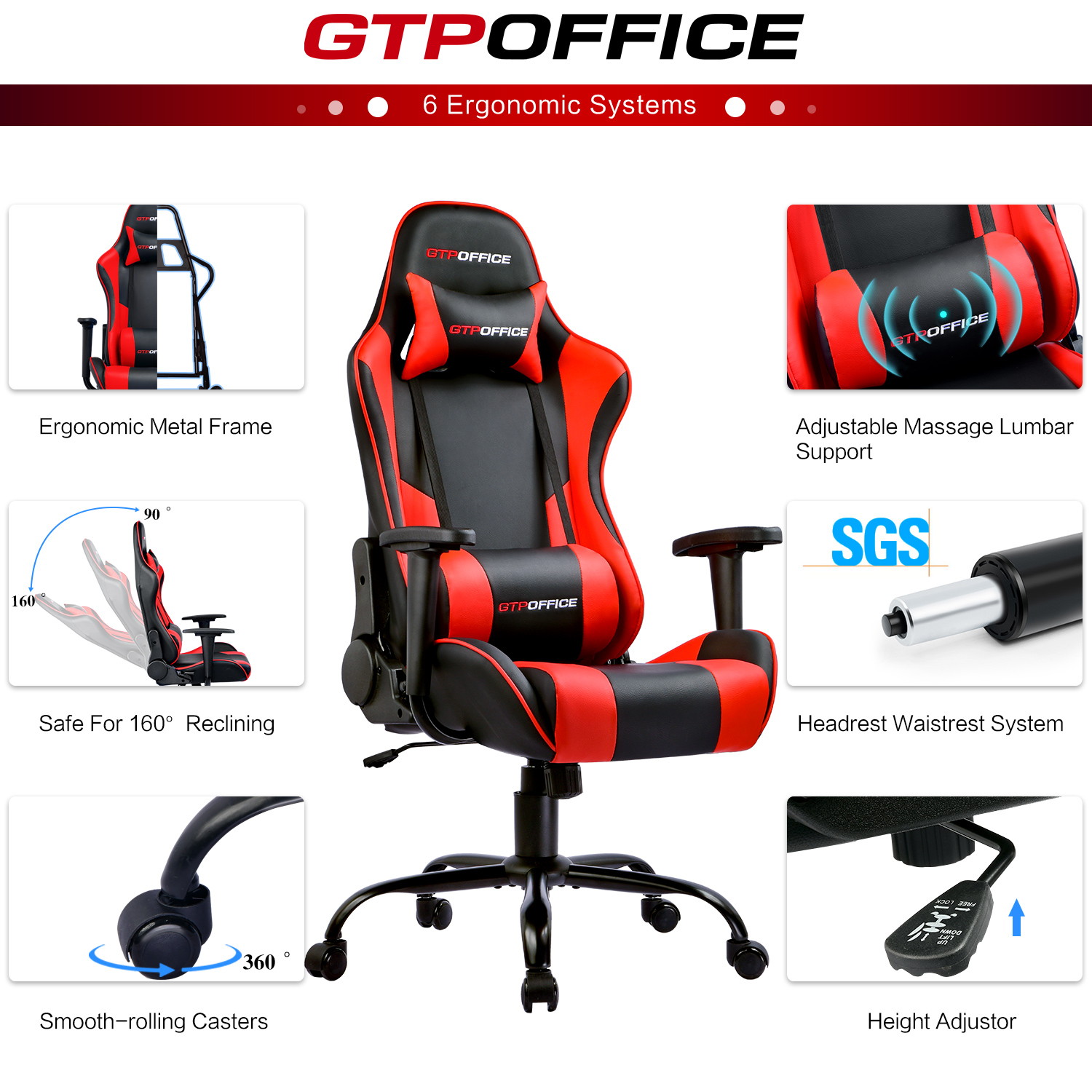 GTRACING Gaming Chair Massage Office Computer GTPOFFICE Series Racing Chair for Adult Reclining Adjustable Swivel Leather Chair High Back Desk Chair Headrest and Massage Lumbar Support Cushion