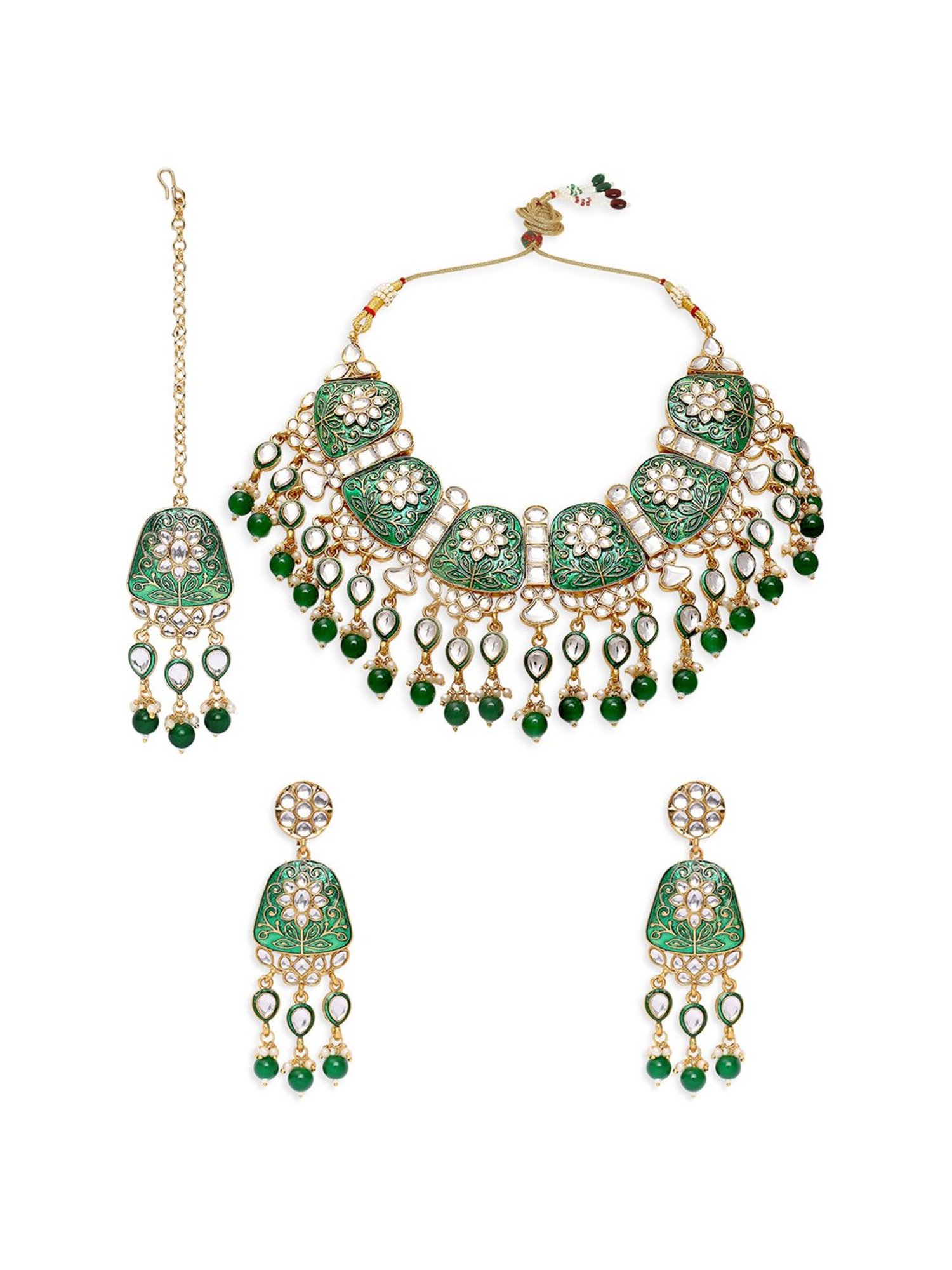 Oomph Green Meenakari Ethnic Necklace Maangtikka & Earrings Set