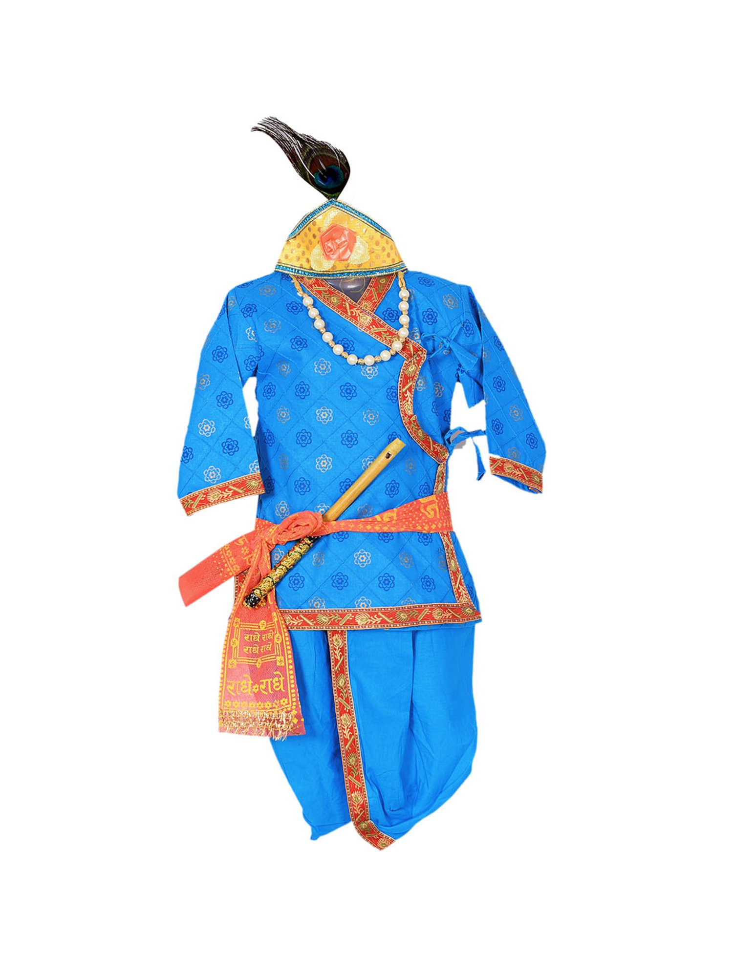 Ahhaaaa Kids Blue Embroidered Kurta, Dhoti, Pagri with Flute