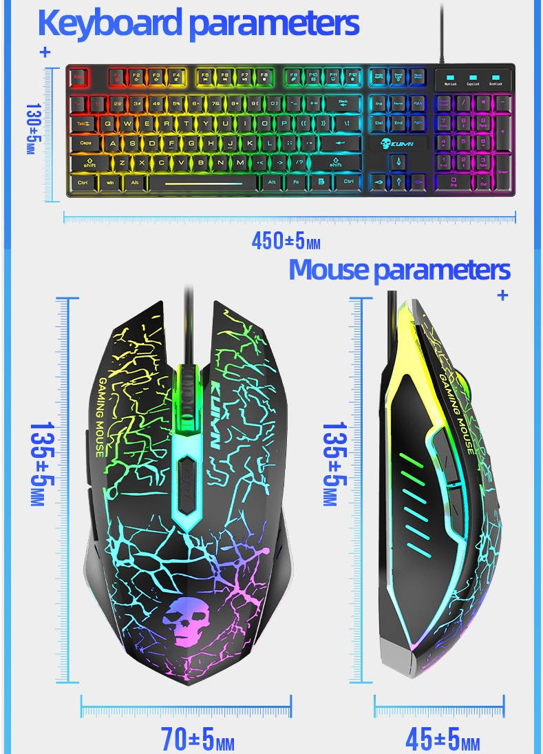 UKCOCO Wired Gaming Keyboard and Mouse Combo, Rainbow Backlit Gaming Keyboard with Multimedia Keys and Rainbow Backlit Gaming Mouse 2400 DPI, for Windows PC Gamers