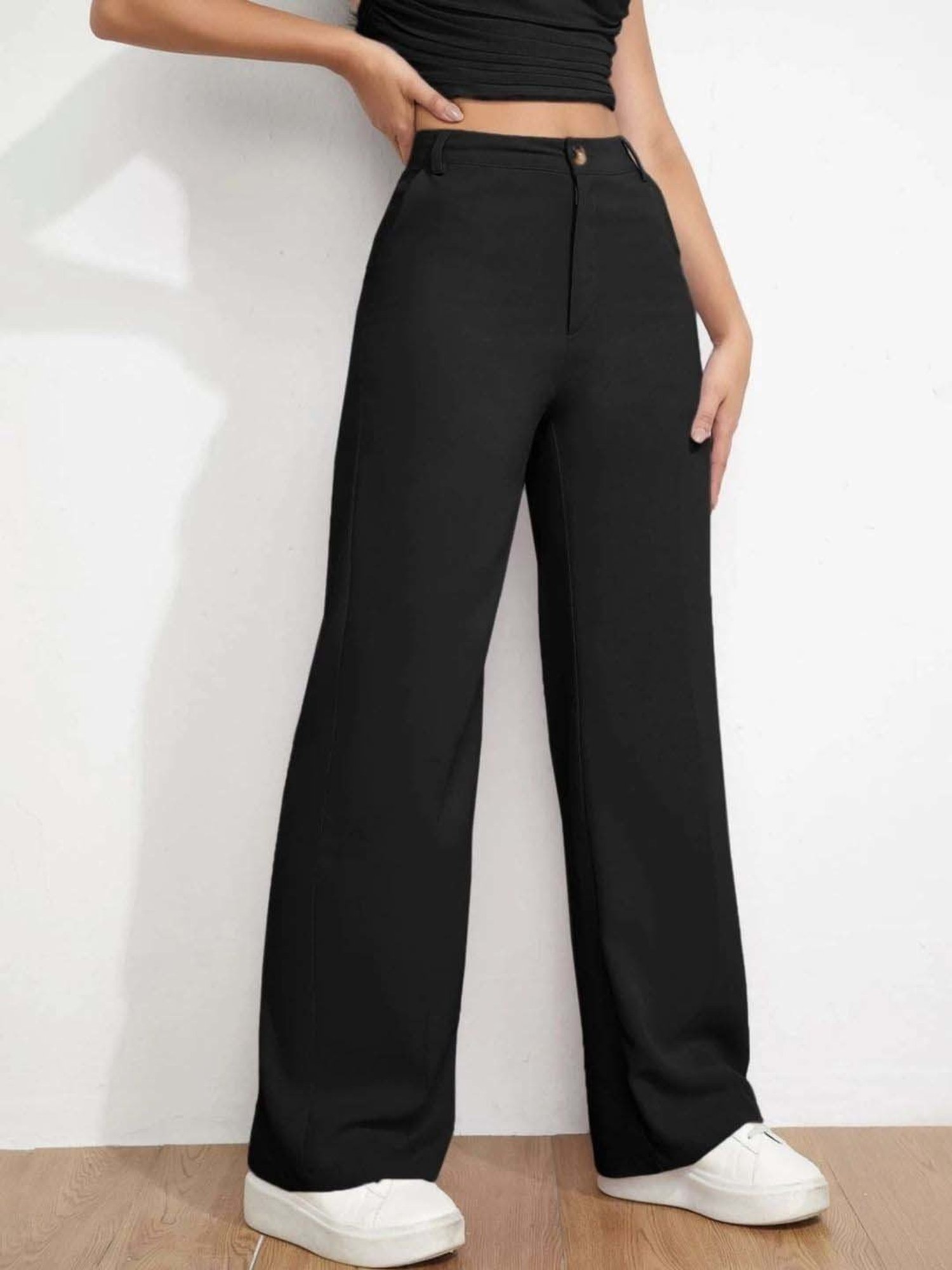 BUYNEWTREND Black High rise Formal Trousers