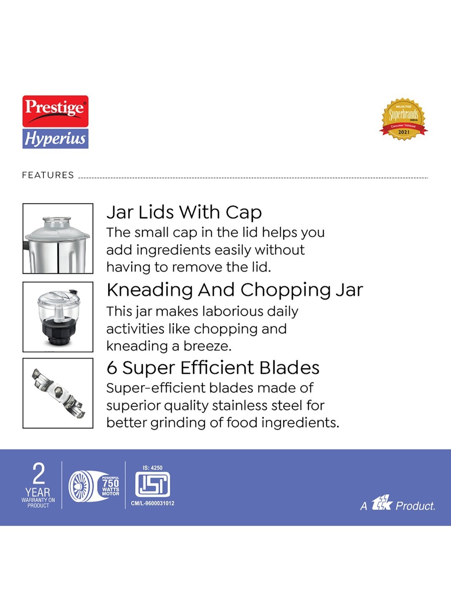 Prestige Hyperius Black 750W Mixer Grinder with 3 Stainless Steel Jars