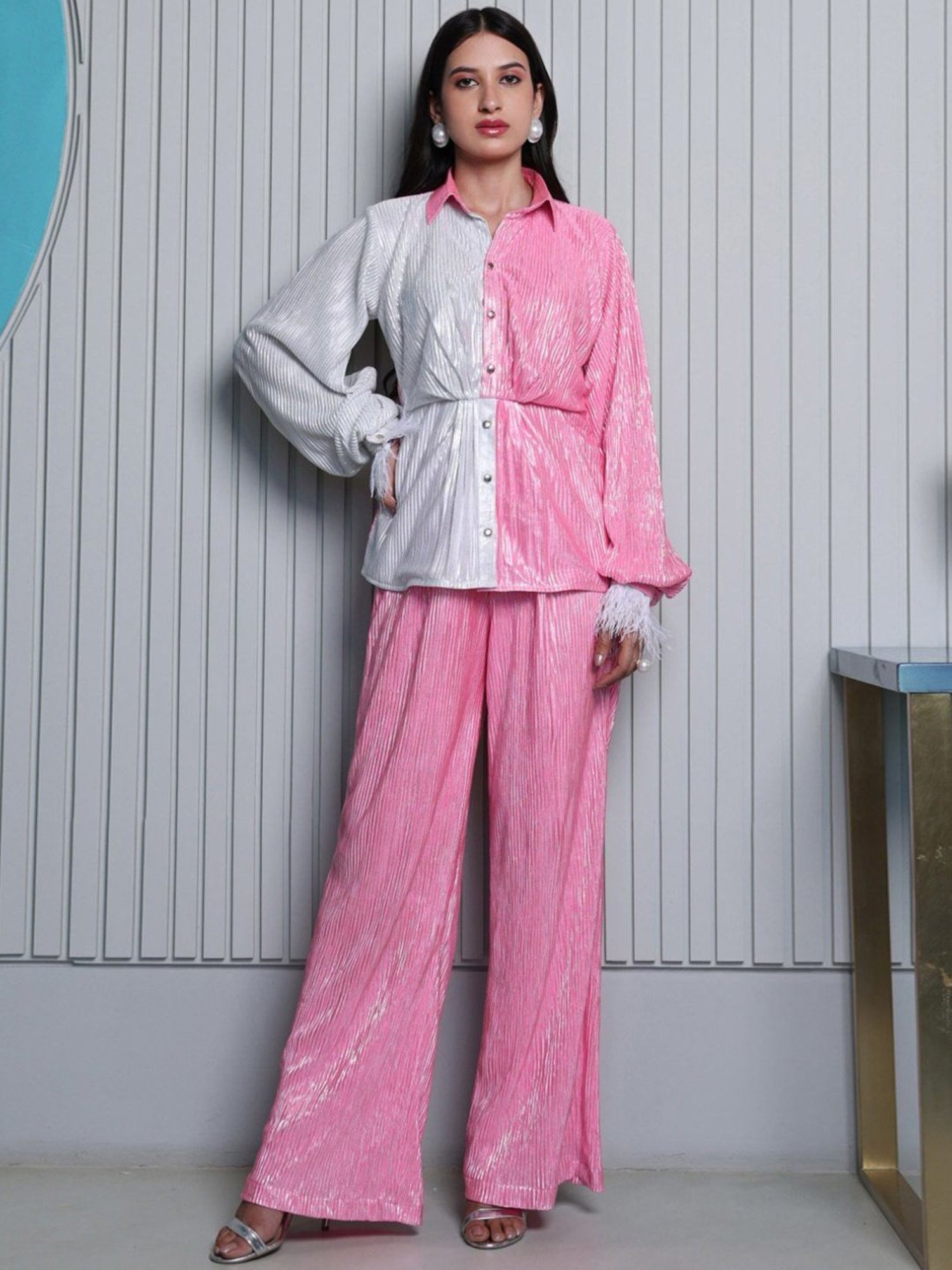 BInfinite Metallic White & Pink Pleated Coords-Set