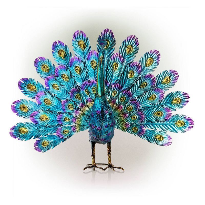 22" Metal Feather Spread Peacock Outdoor Decor Statue - Alpine Corporation