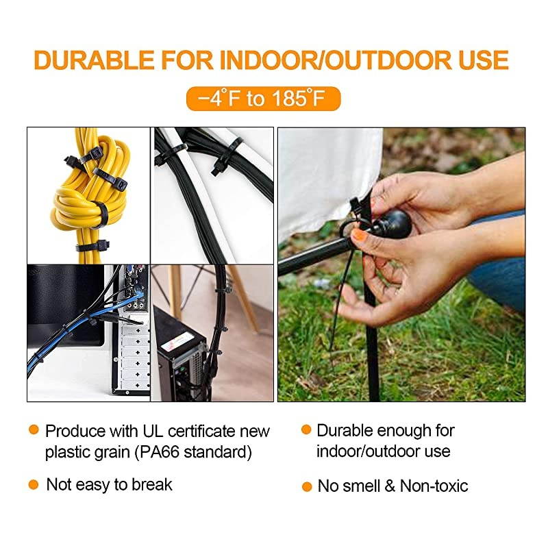 Zip Ties Heavy Duty 200 Packs Round Ending No Hurt 6+8+10+12 Inch Assorted Size Tie Wraps Ultra Strong Durable Black Cable Ties Indoor Outdoor MultiPurpose No Slip Off 200 Black