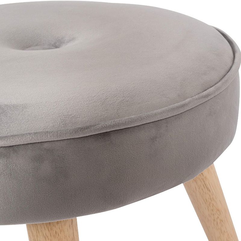 Living Essentials Alannah Stylish Upholstered Cushioned Velvet Fabric 15.75 Inch Round Footrest Ottoman Stool Seat with Pine Wood Legs, Gray