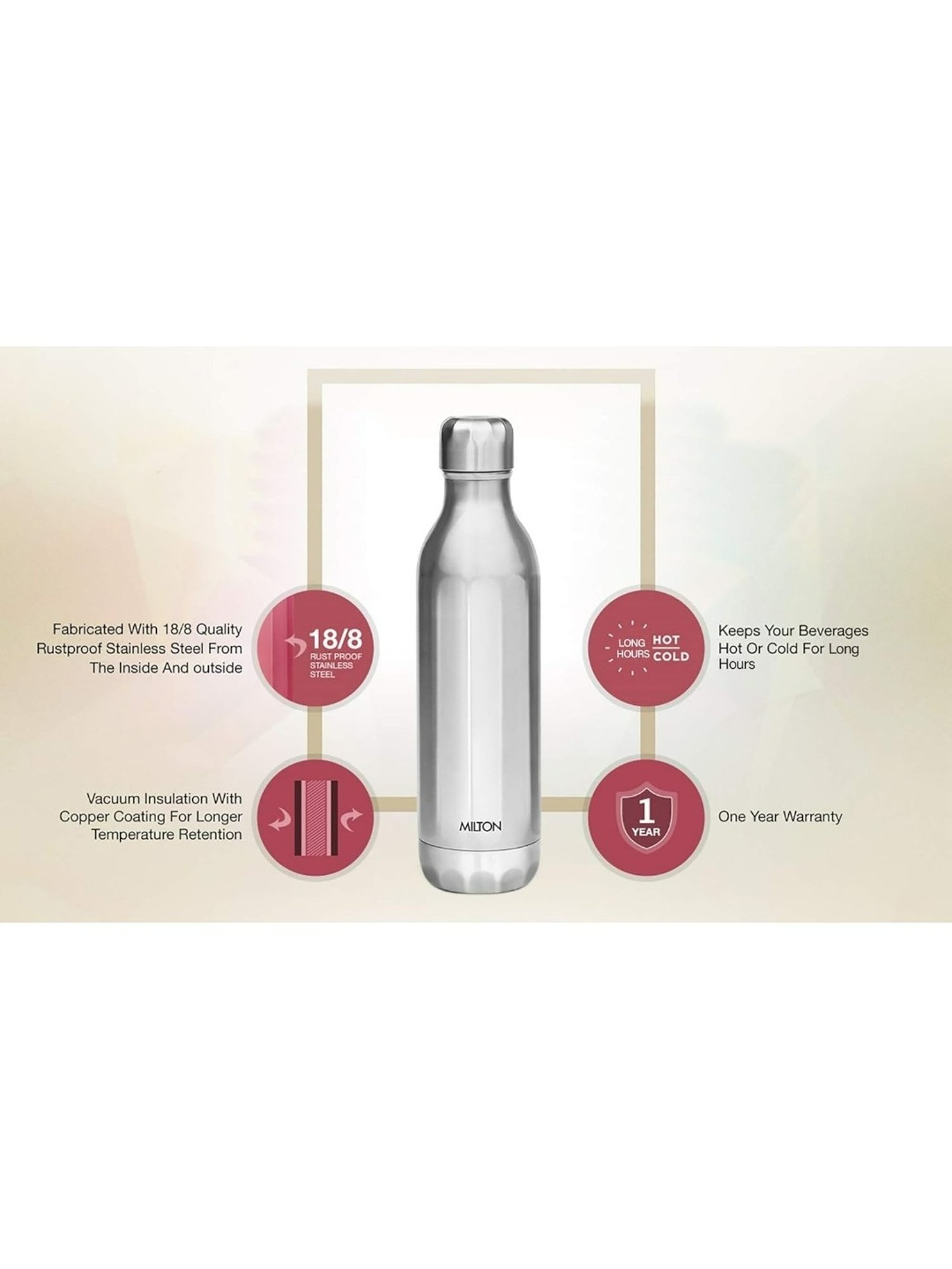 Milton Silver Stainless Steel Hot & Cold Water Bottle (790ml)