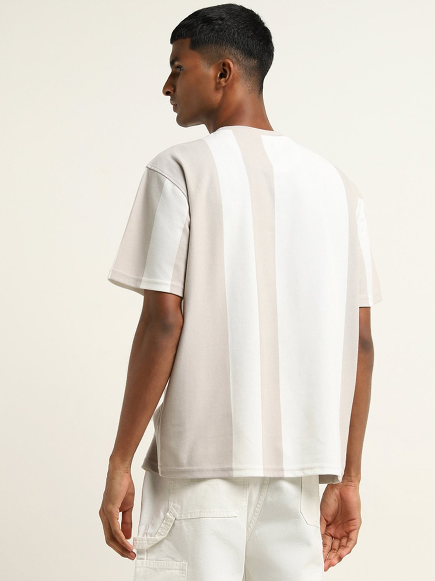 Nuon by Westside Beige Striped Regular-Fit T-Shirt