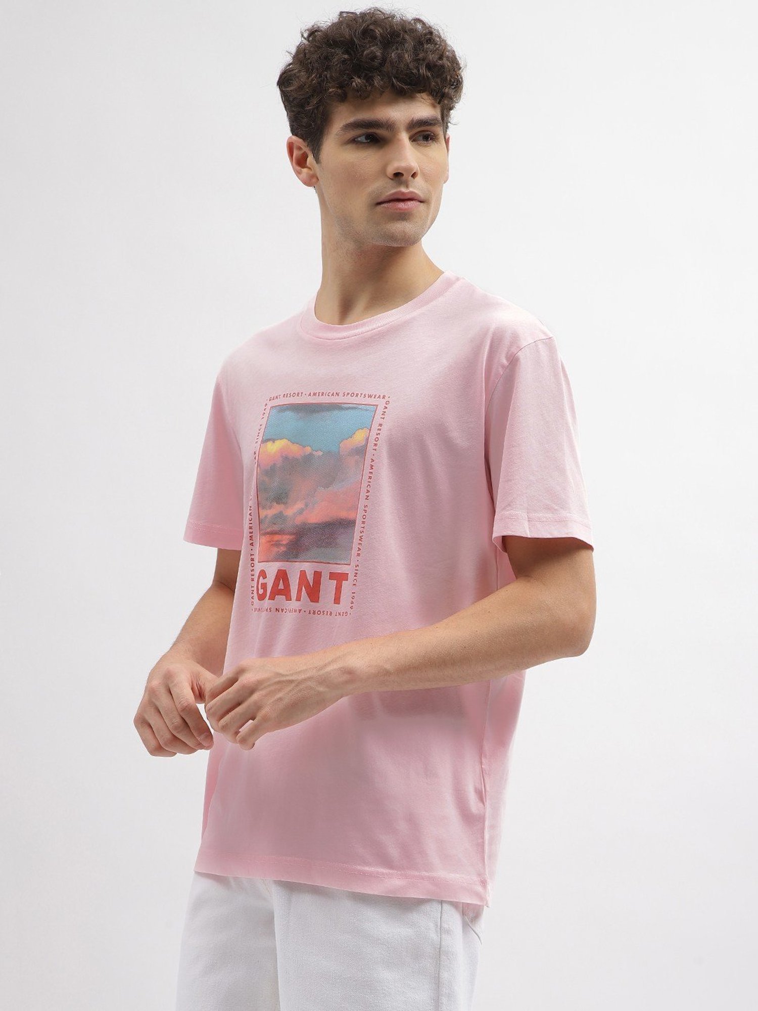 Gant Pink Cotton Relaxed Fit Printed T-Shirt