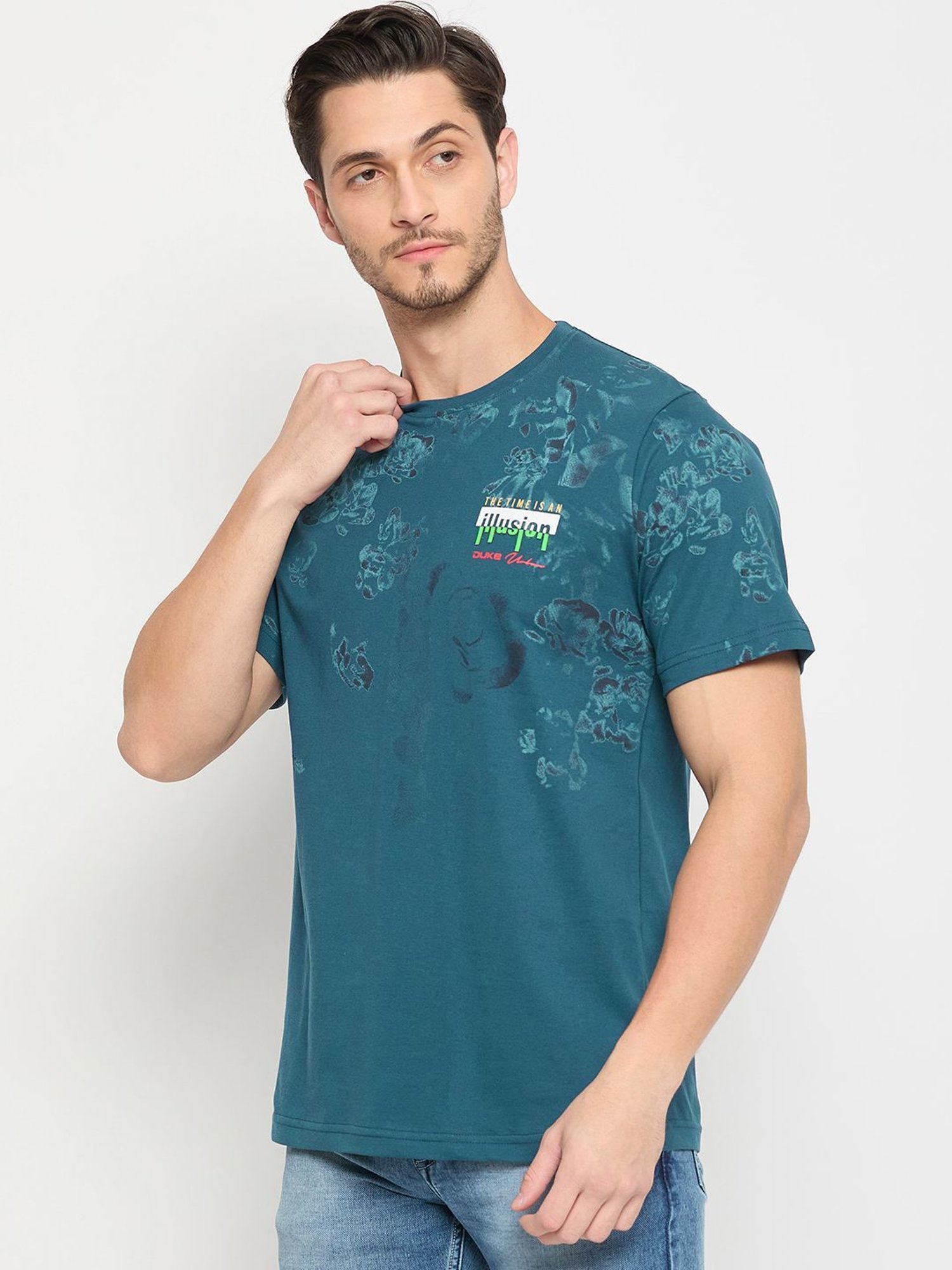 Duke Petrol Blue Slim Fit Printed T-Shirt